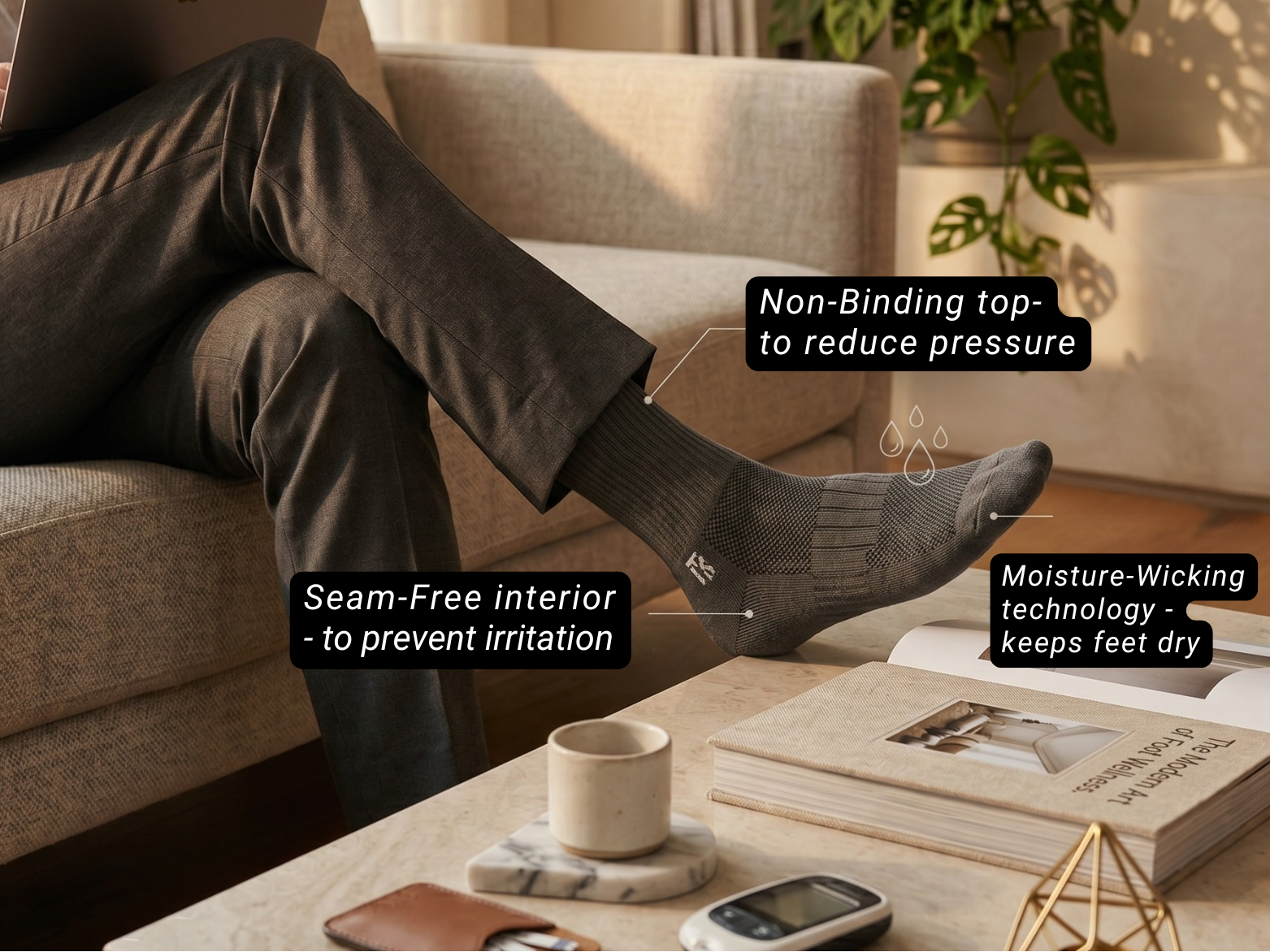 Person wearing breathable diabetic bamboo socks with non-binding top, seamless interior, and moisture-wicking comfort for sensitive feet and daily diabetic foot care.