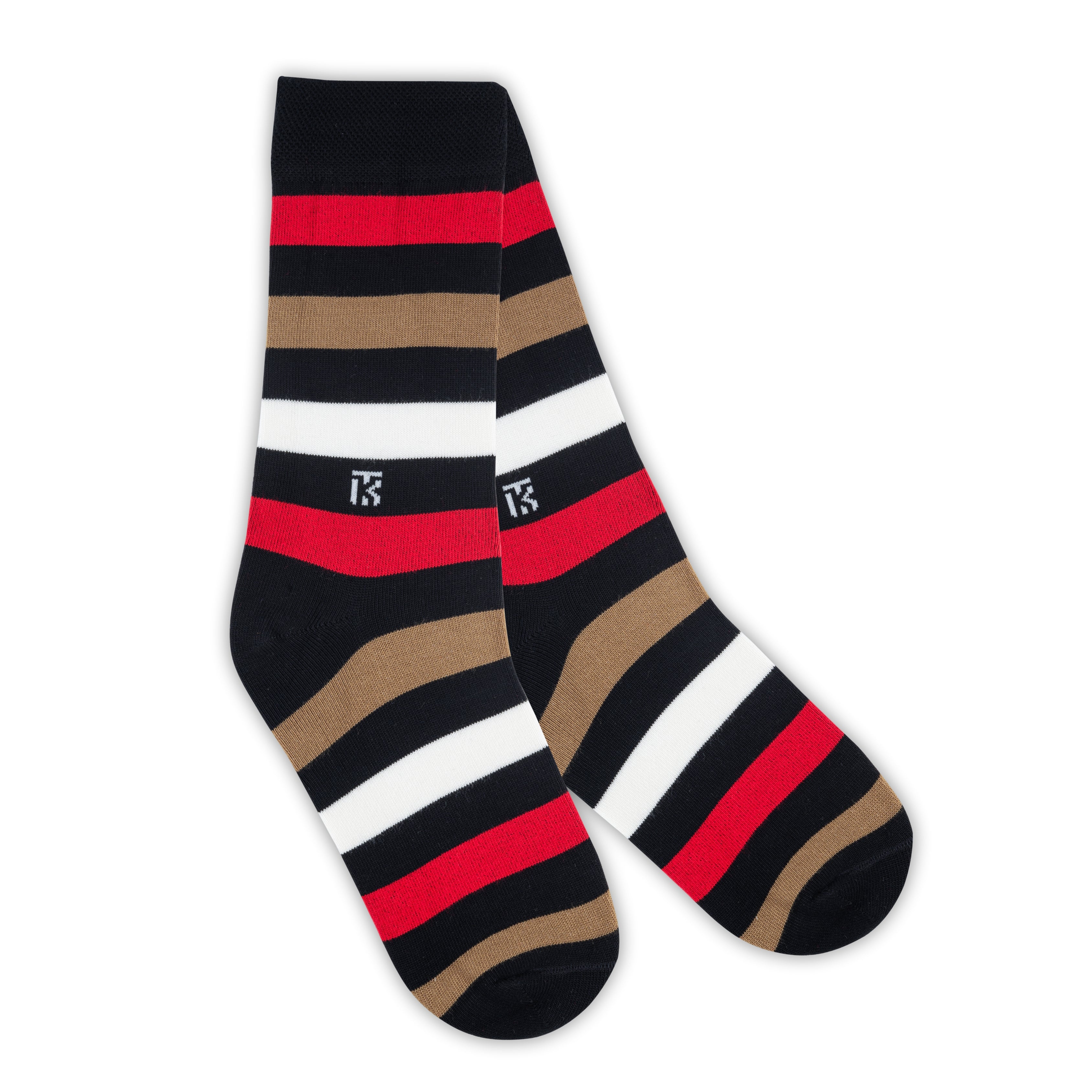 Bamboo Socks Pair | Kikitoes Crew Length Socks | Black Colour with Red, Tan & White Stripes Socks for Men | KIKI0016