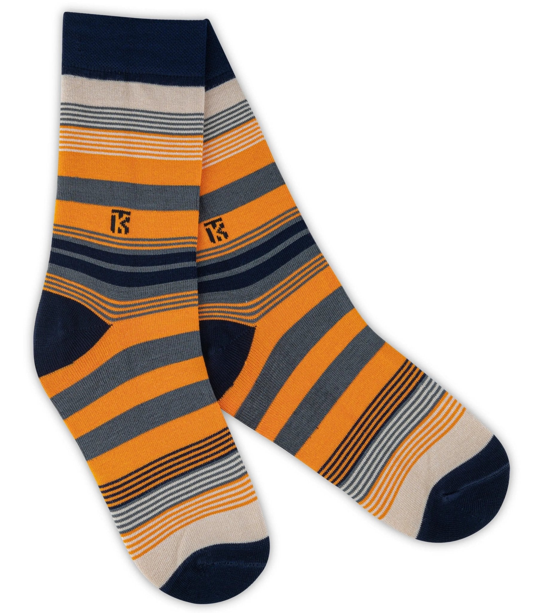 KIKITOES BAMBOO MEN CREW SOCKS | Fusion Stripe | Navy Blue with Beige, Grey, and OrangeKikitoes