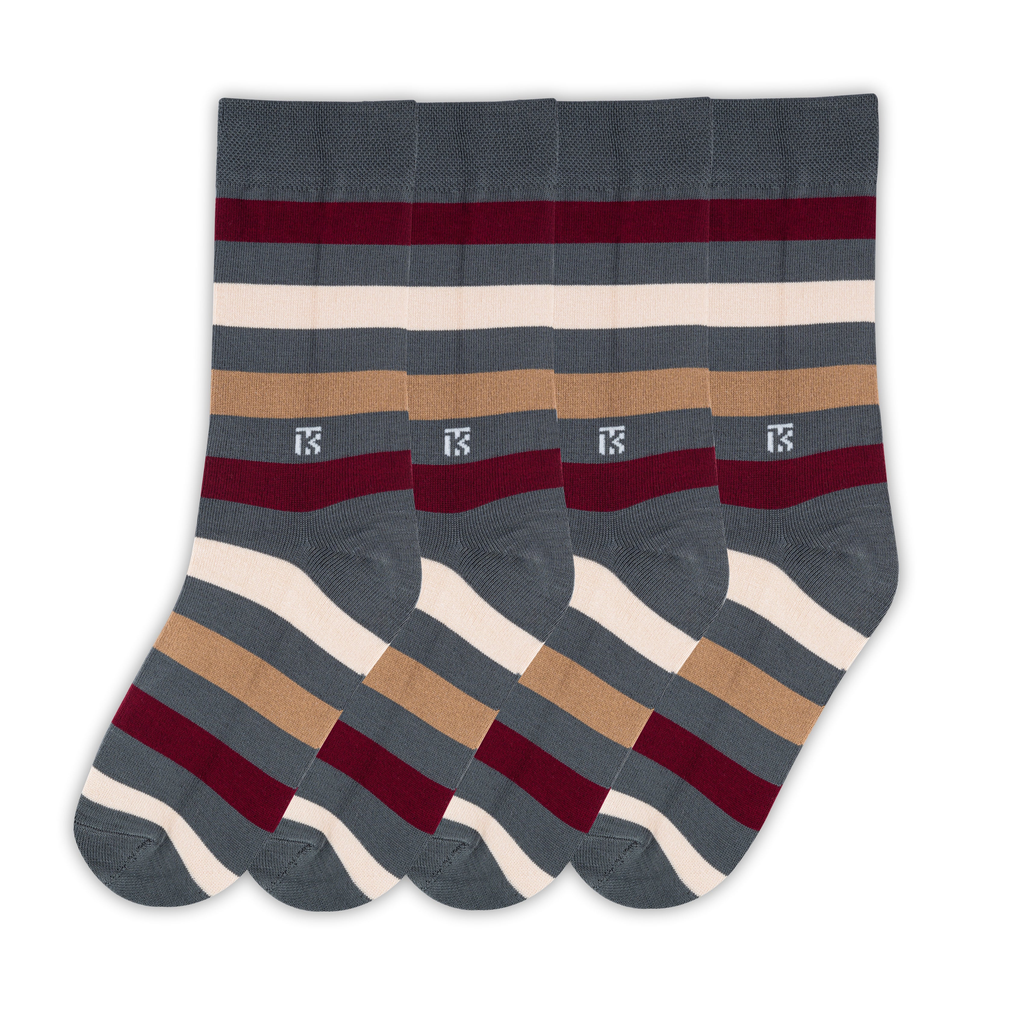 Bamboo Socks Pair | Kikitoes Crew Length Socks | Steel Grey Colour with Marron, Beige & Brown Stripes Socks for Men | KIKI0017