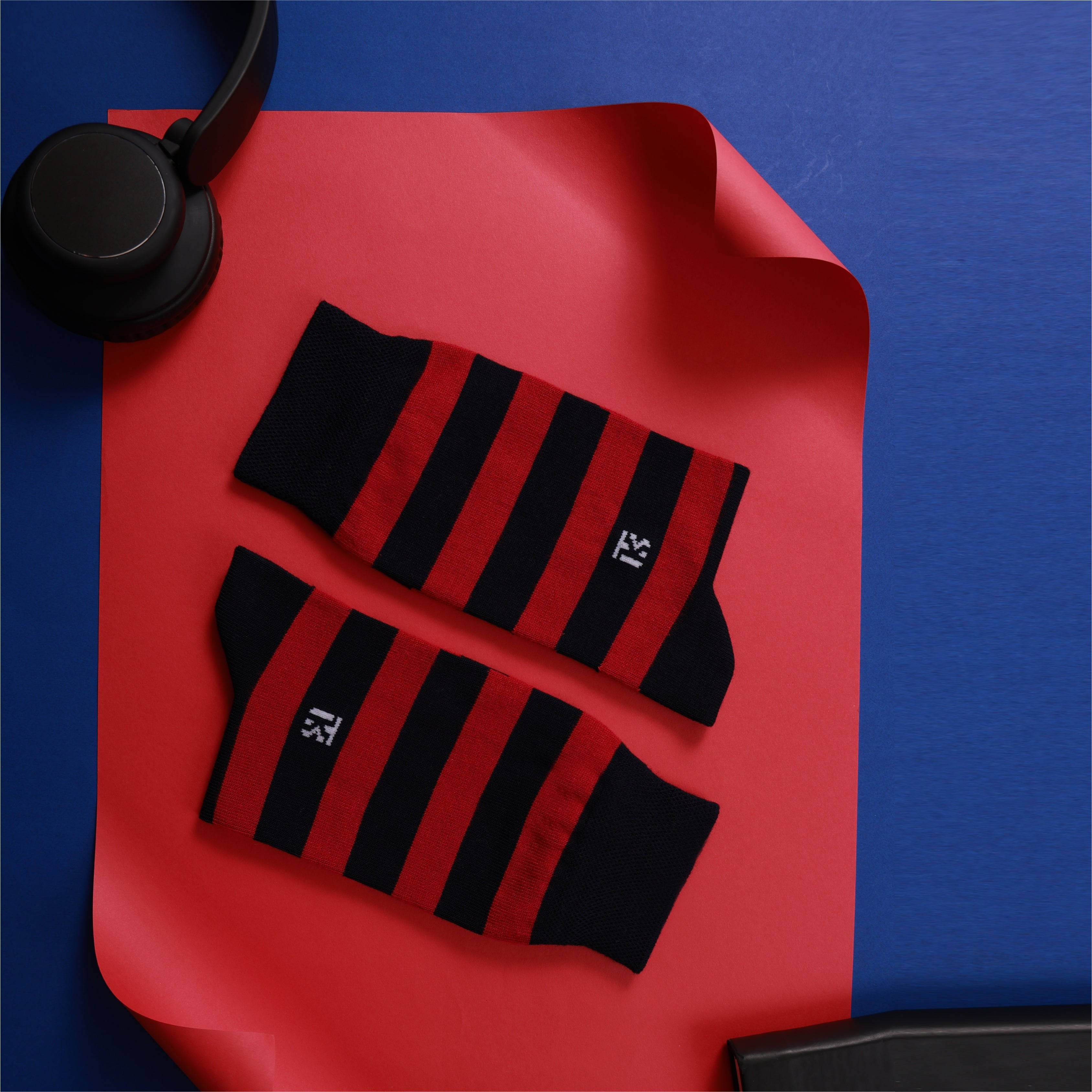 Bamboo Socks Pair | Kikitoes Crew Length Socks | Navy Blue Colour with Red Stripes Socks for Men | KIKI007