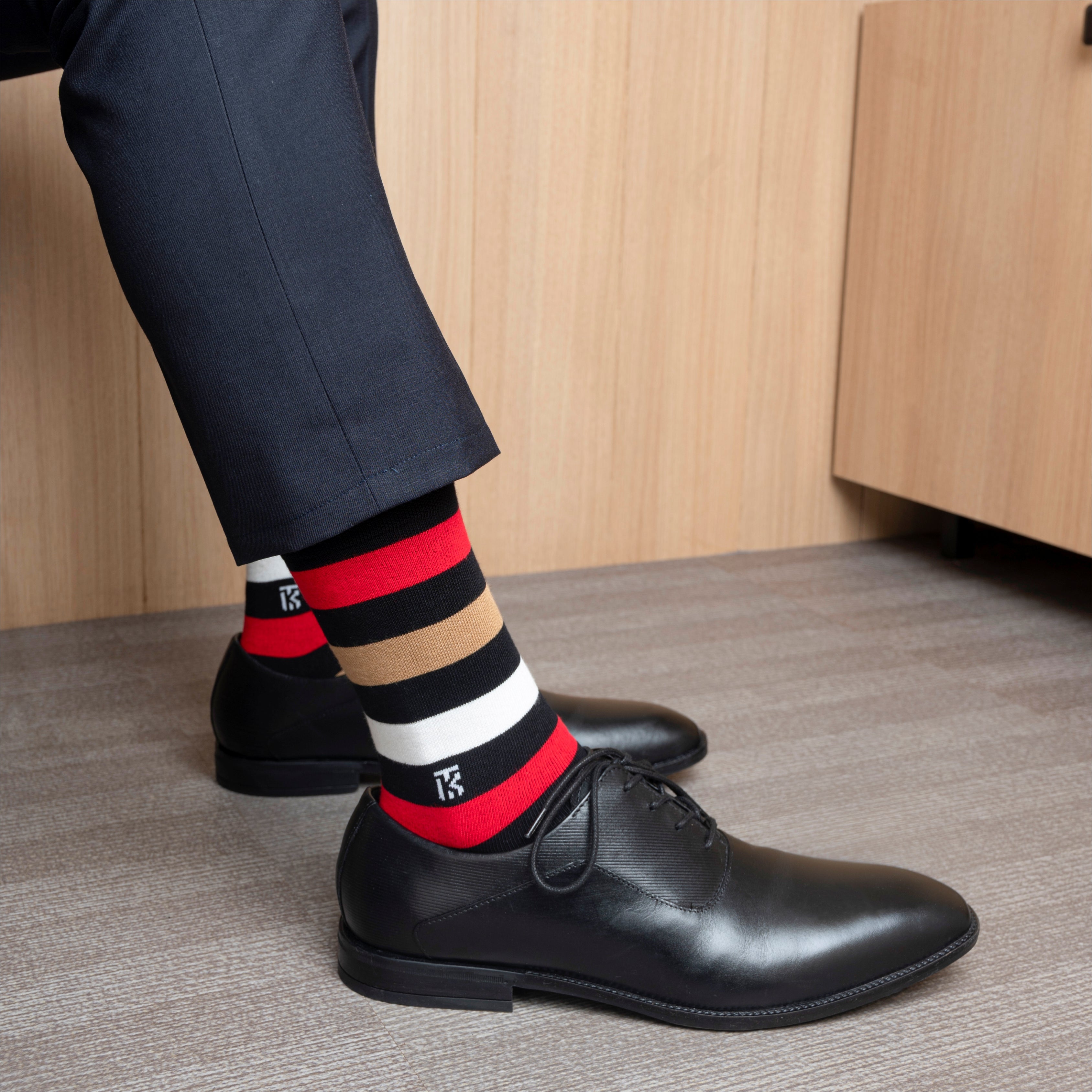 Bamboo Socks Pair | Kikitoes Crew Length Socks | Black Colour with Red, Tan & White Stripes Socks for Men | KIKI0016