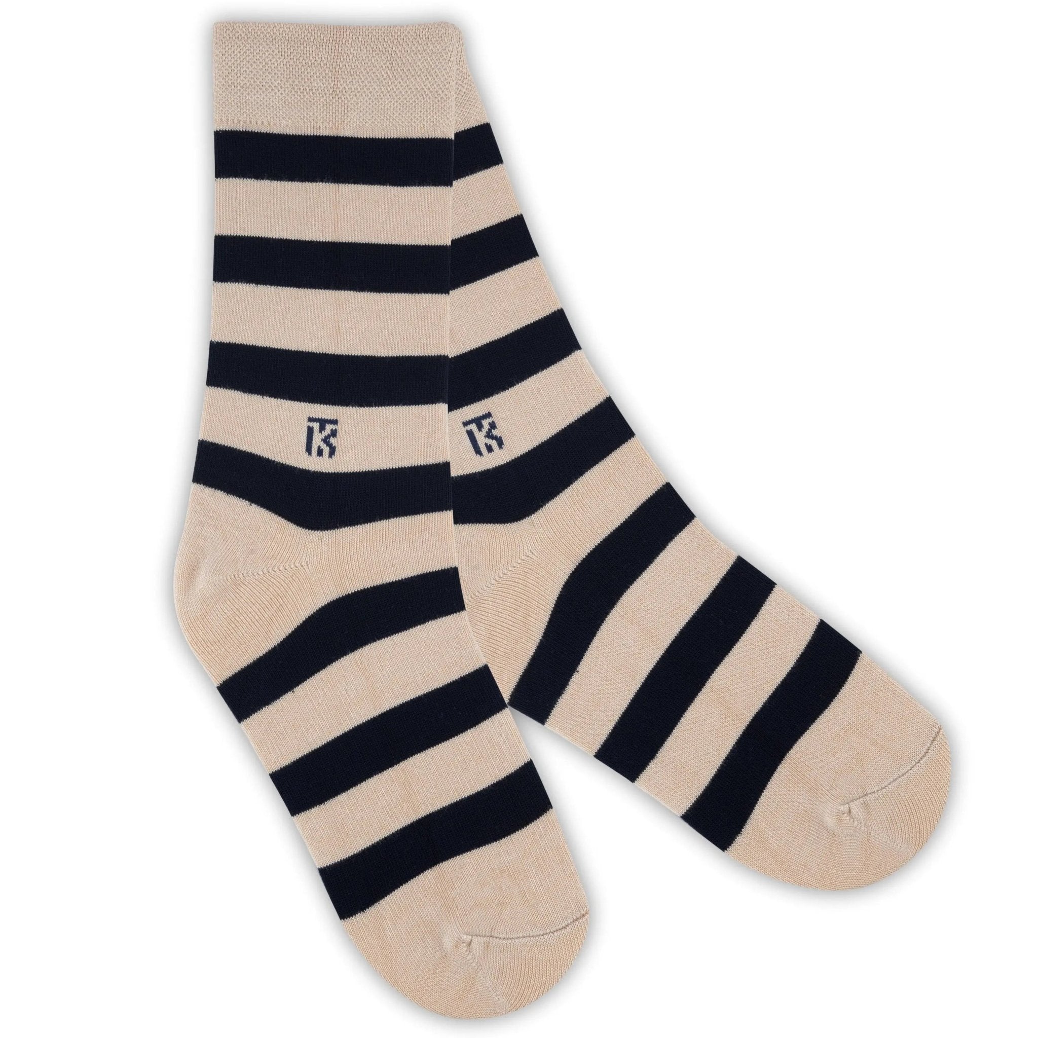 KIKITOES BAMBOO MEN CREW SOCKS | Classic Stripes | Beige with Navy BlueKikitoes