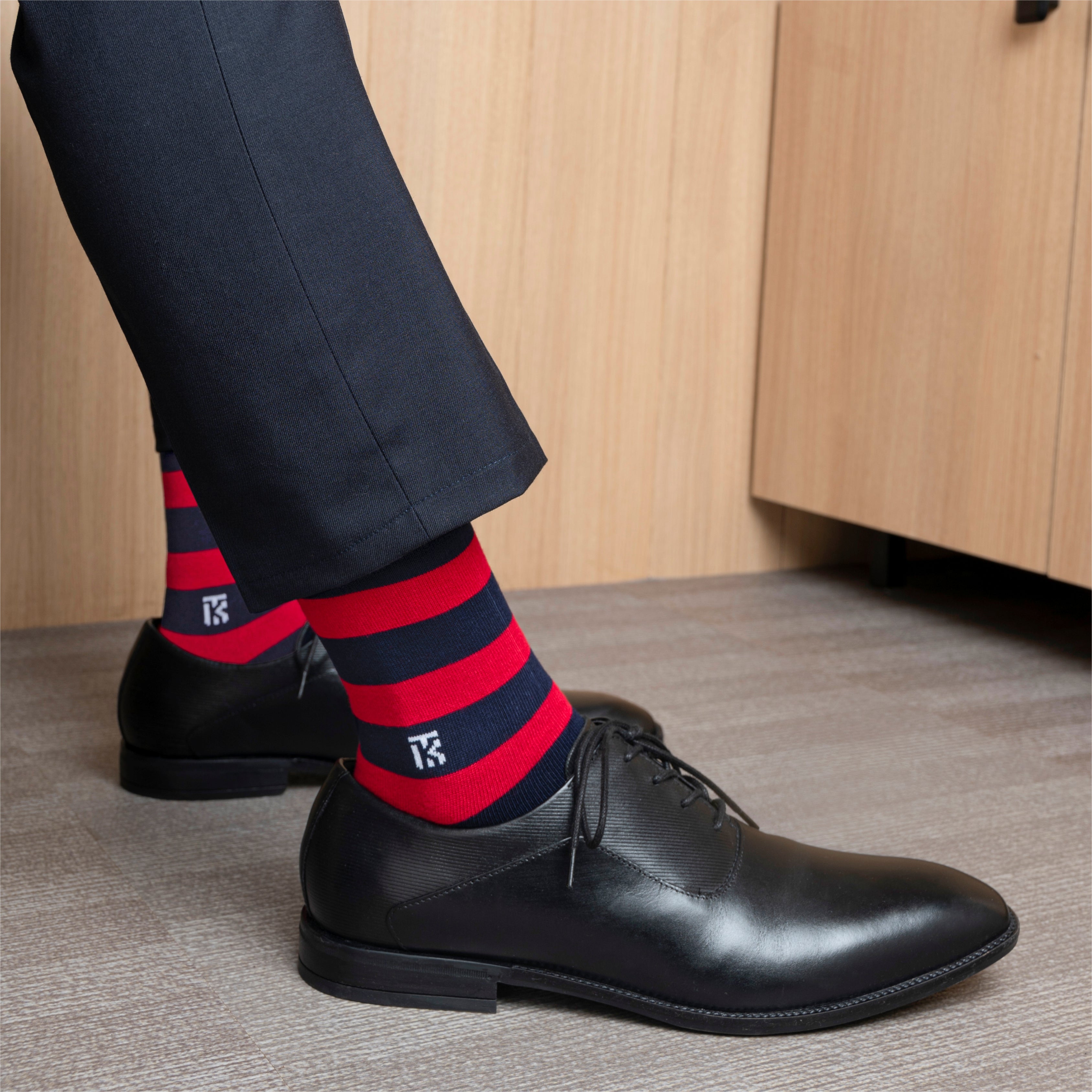 Bamboo Socks Pair | Kikitoes Crew Length Socks | Navy Blue Colour with Red Stripes Socks for Men | KIKI007