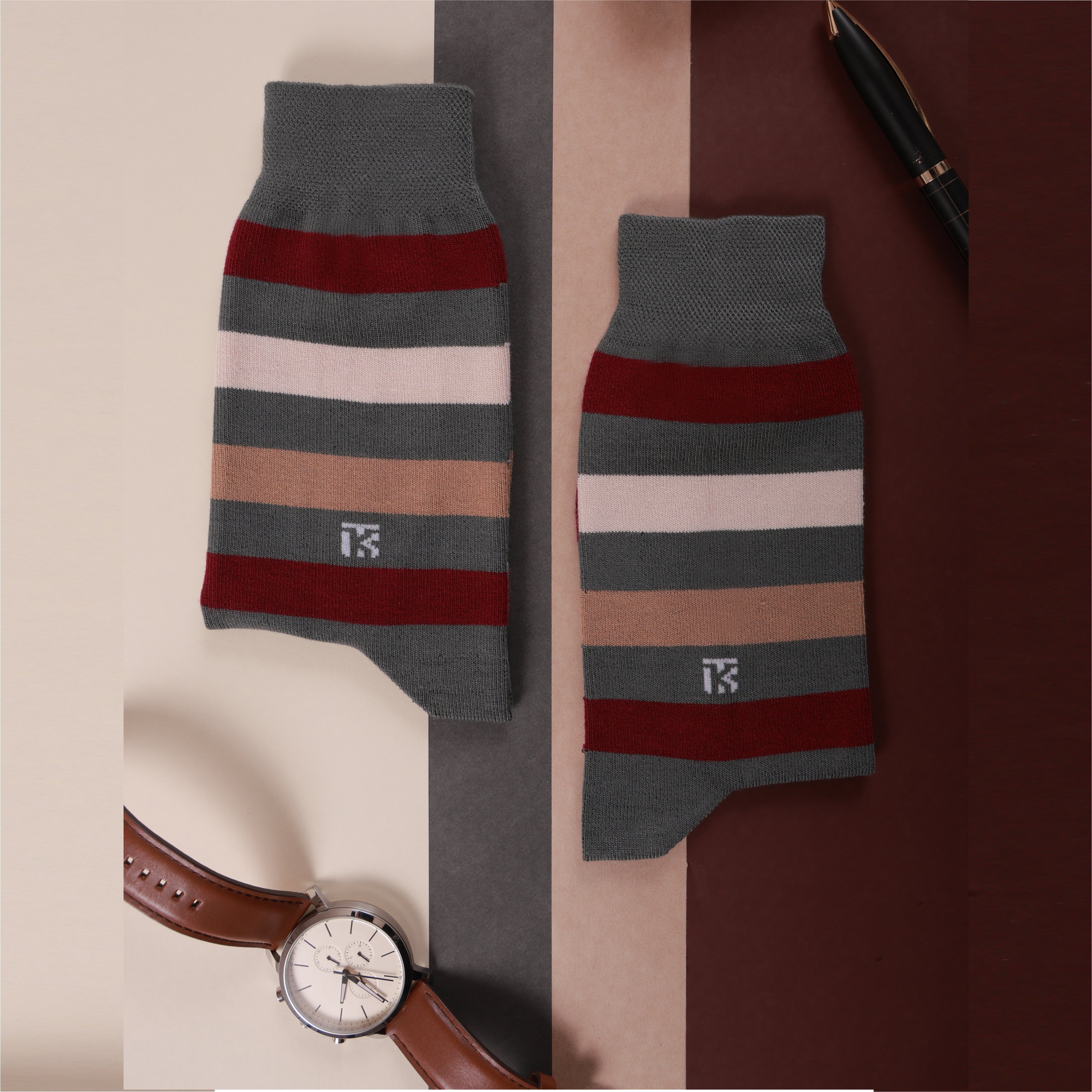 Bamboo Socks Pair | Kikitoes Crew Length Socks | Steel Grey Colour with Marron, Beige & Brown Stripes Socks for Men | KIKI0017