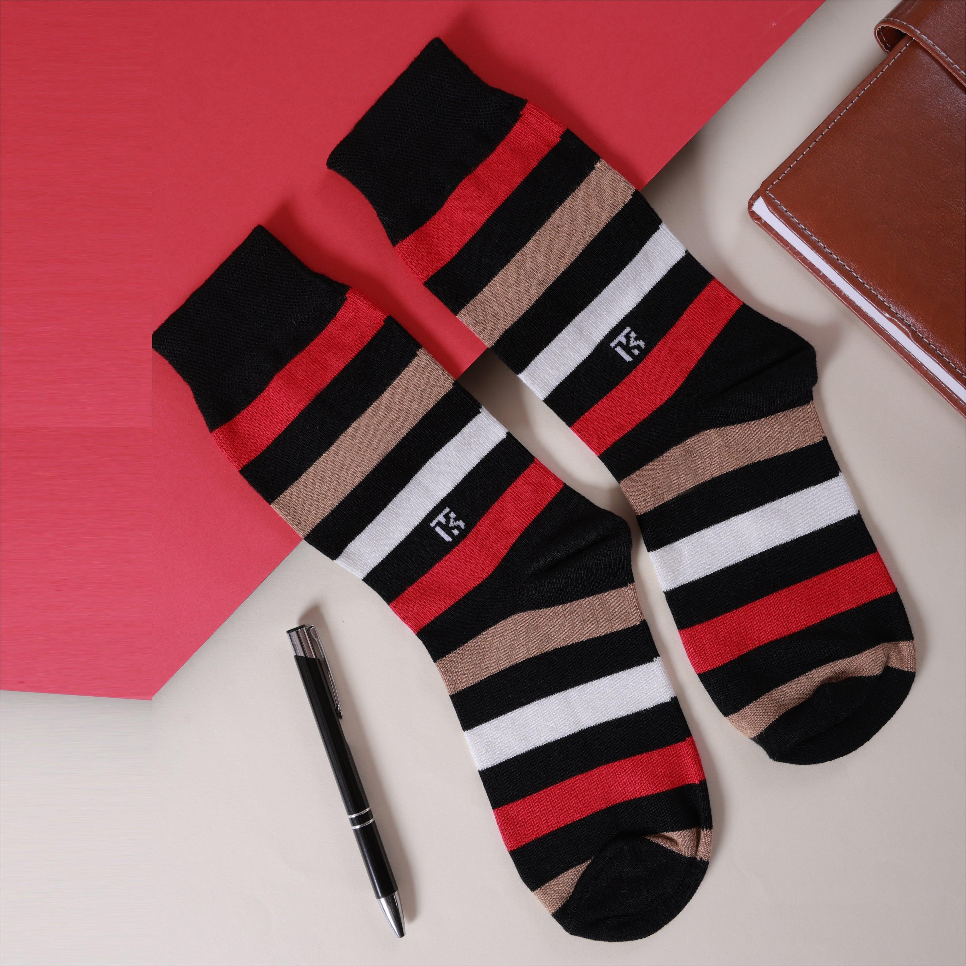 Bamboo Socks Pair | Kikitoes Crew Length Socks | Black Colour with Red, Tan & White Stripes Socks for Men | KIKI0016