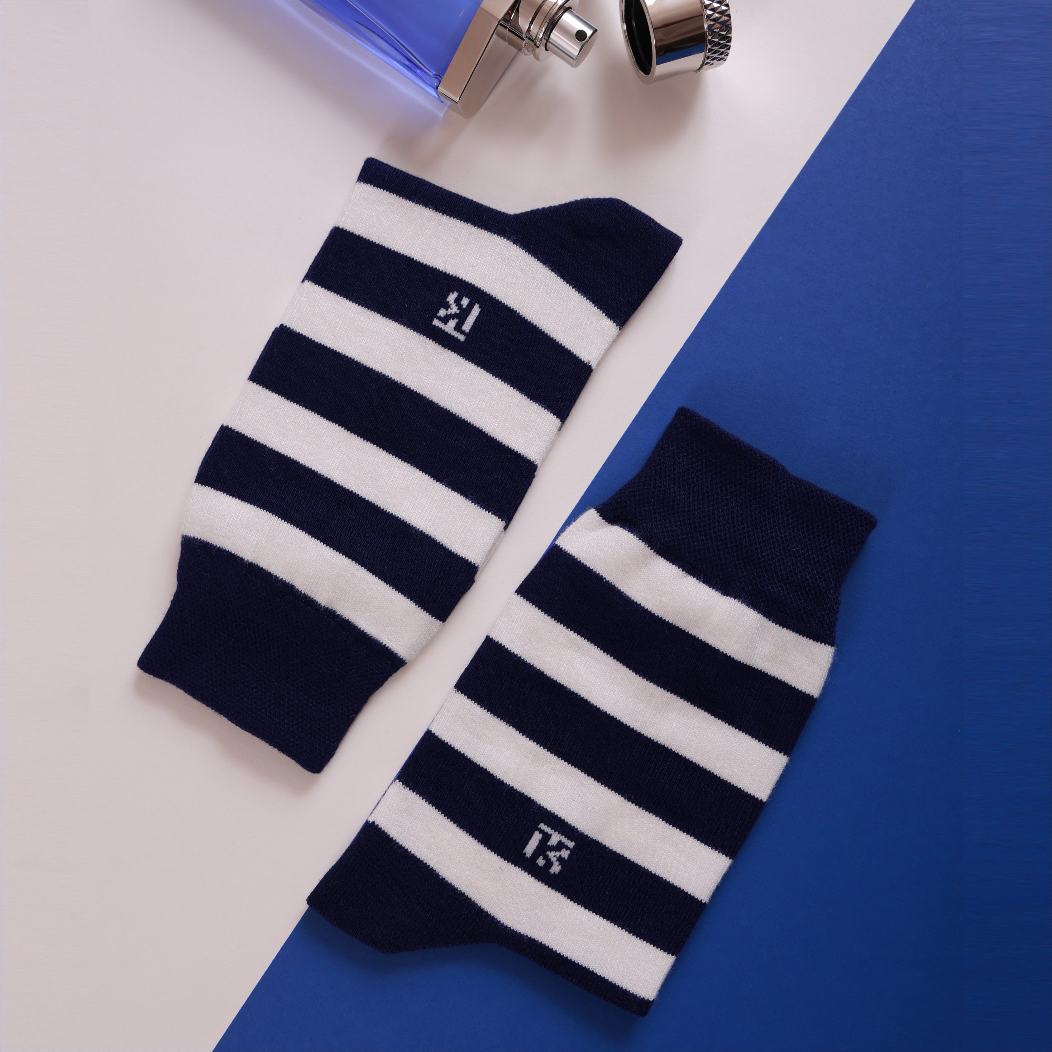 Bamboo Socks Pair | Kikitoes Crew Length Socks | Navy Blue Colour with White Stripes Socks for Men | KIKI003