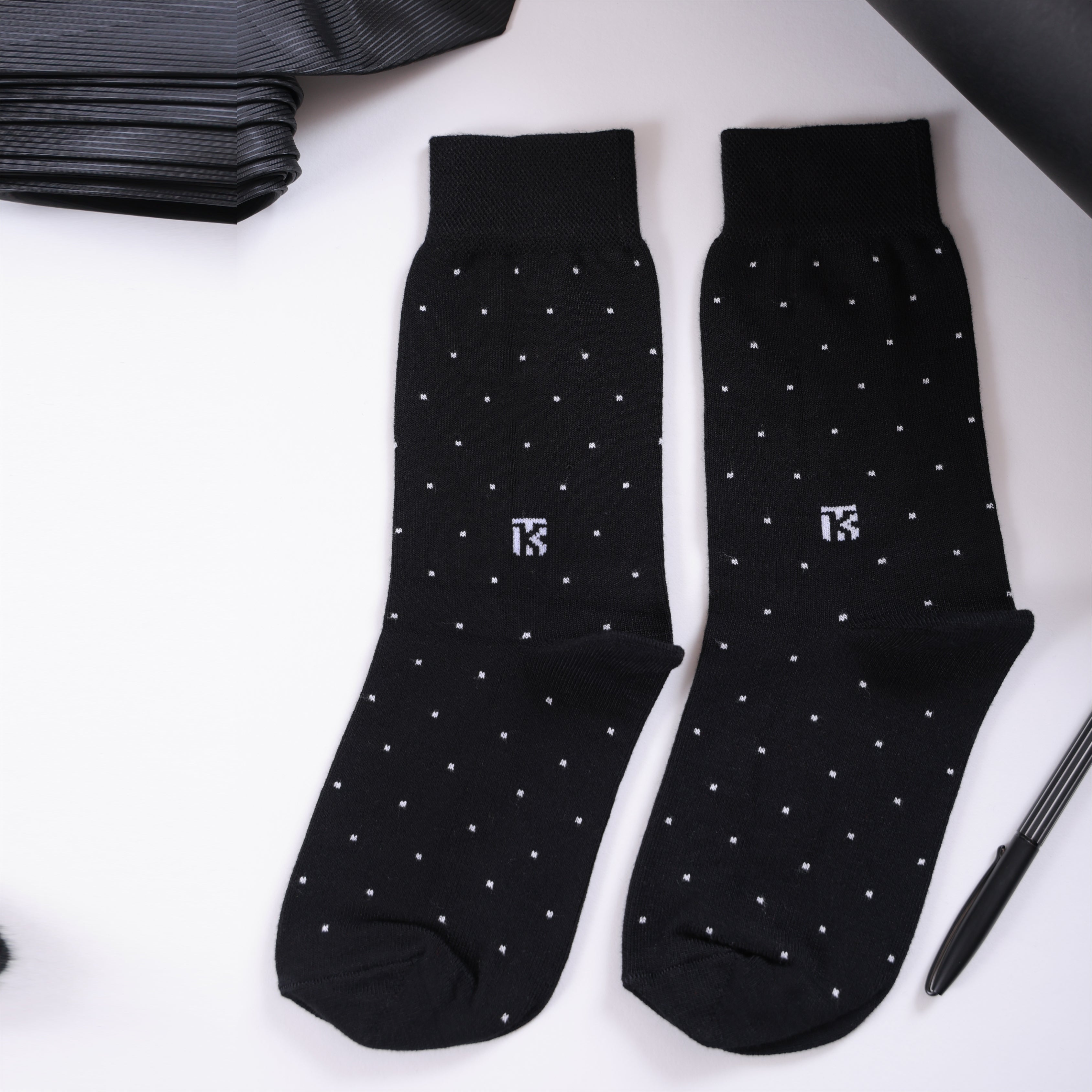 Bamboo Socks Pair | Kikitoes Crew Length Socks | Black Colour with White Dots Socks for Men | KIKI0030