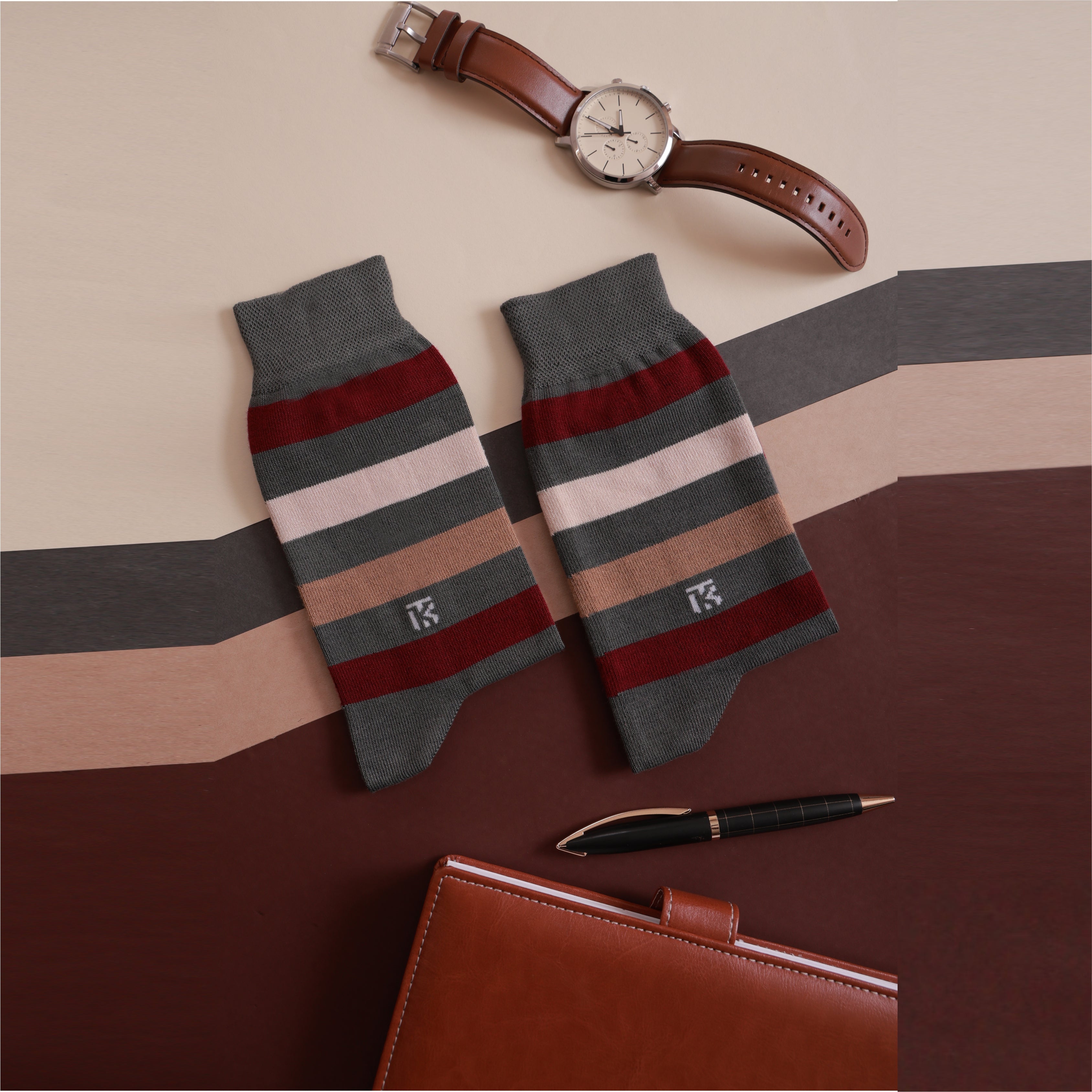 Bamboo Socks Pair | Kikitoes Crew Length Socks | Steel Grey Colour with Marron, Beige & Brown Stripes Socks for Men | KIKI0017