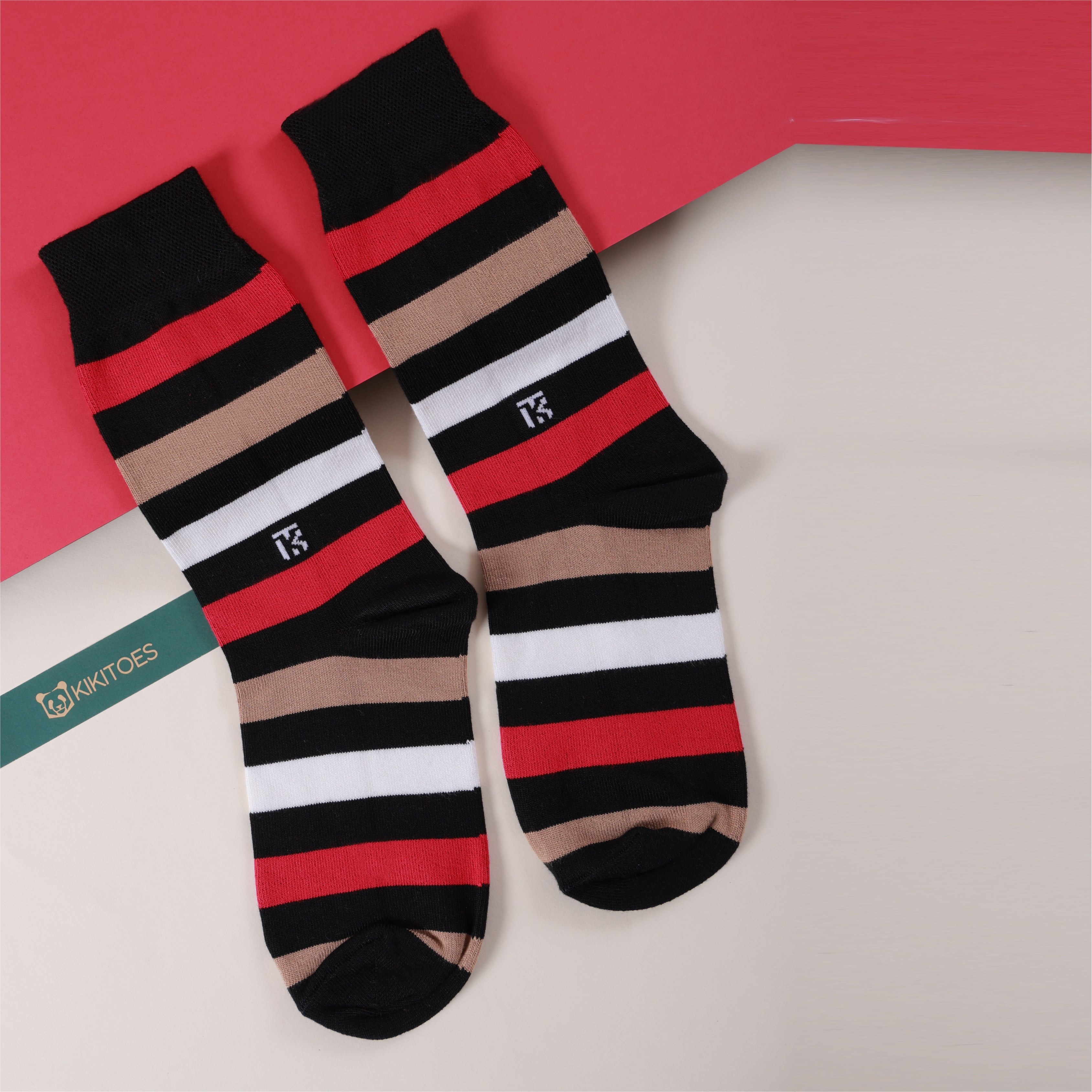 Bamboo Socks Pair | Kikitoes Crew Length Socks | Black Colour with Red, Tan & White Stripes Socks for Men | KIKI0016