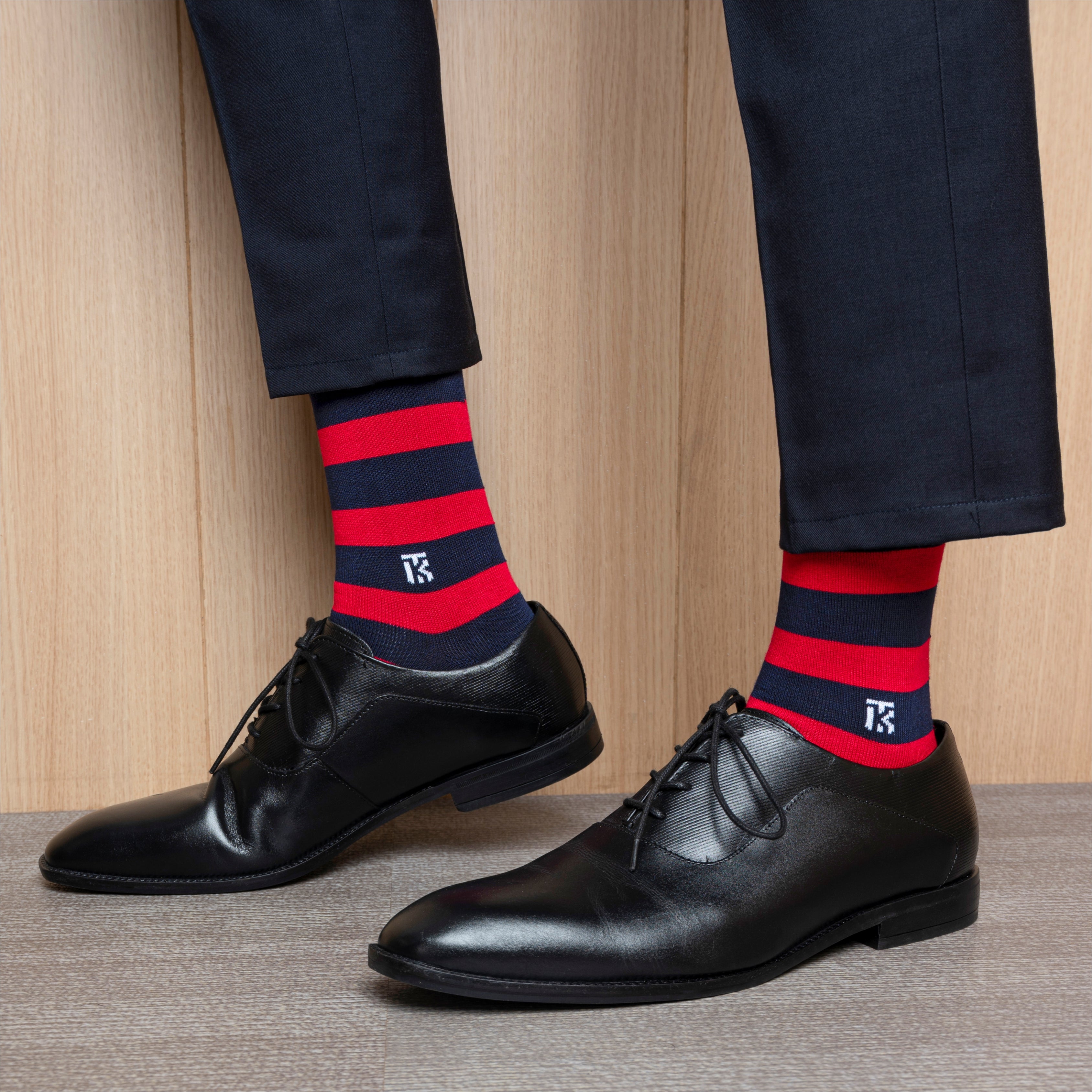 Bamboo Socks Pair | Kikitoes Crew Length Socks | Navy Blue Colour with Red Stripes Socks for Men | KIKI007
