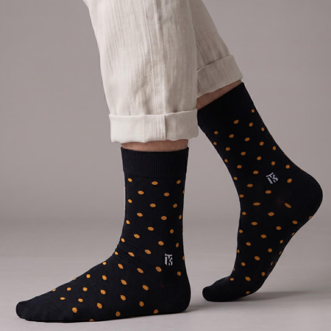 KIKITOES BAMBOO MEN CREW SOCKS | Contrast Polka | Black and Yellow