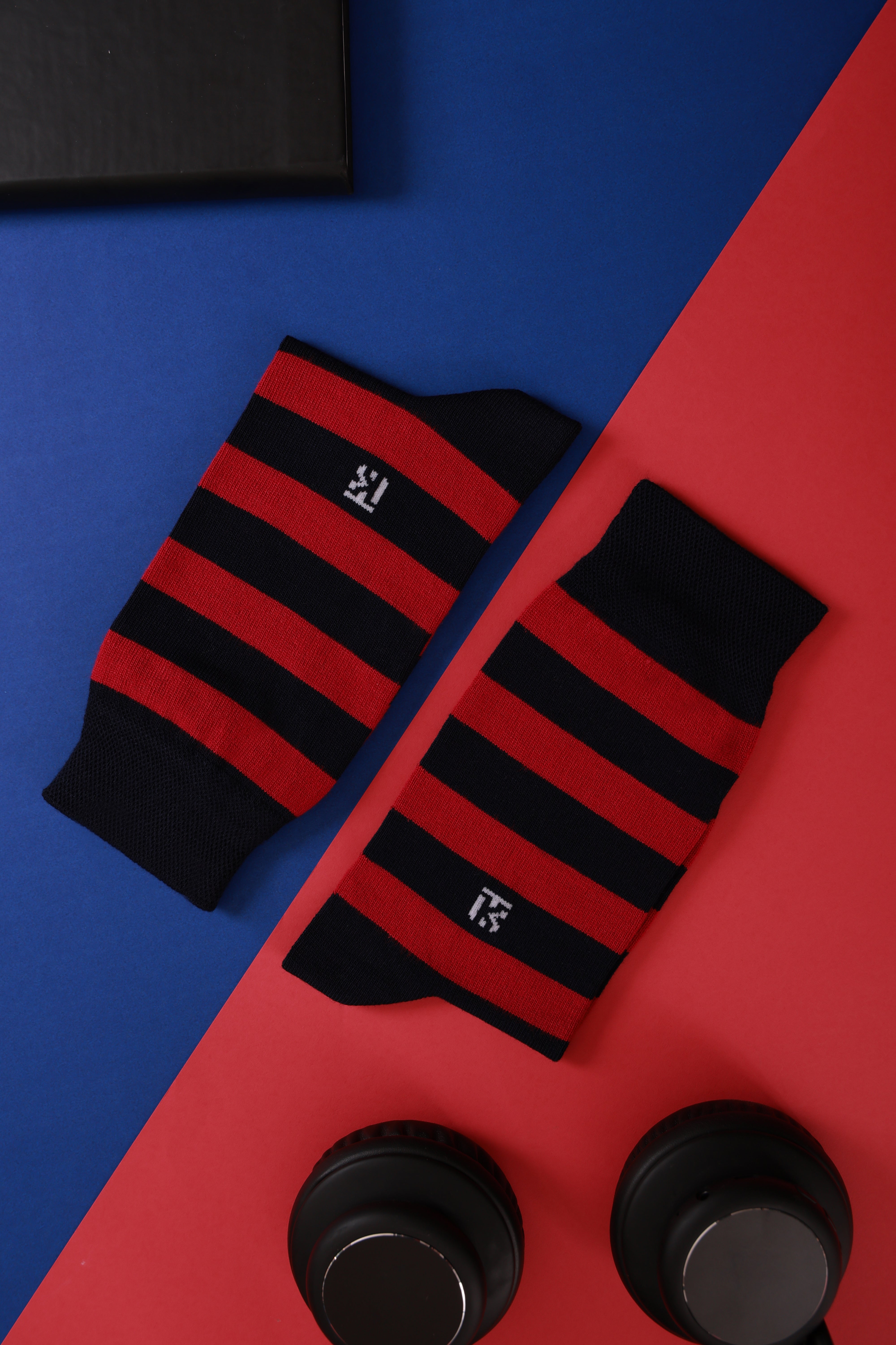 Bamboo Socks Pair | Kikitoes Crew Length Socks | Navy Blue Colour with Red Stripes Sports Socks for Men