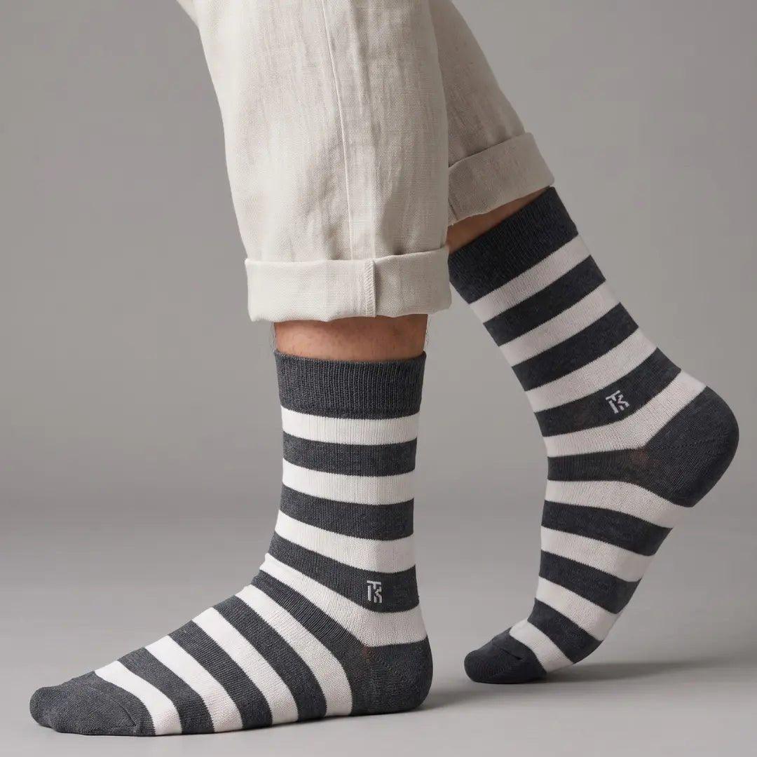KIKITOES BAMBOO MEN CREW SOCKS | Classic Stripes | Steel Grey with WhiteKikitoes
