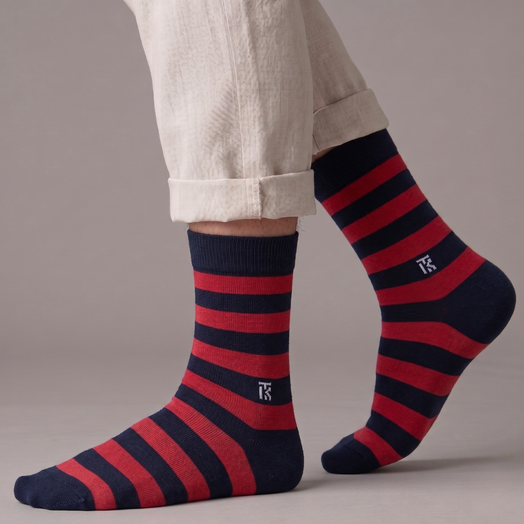 KIKITOES BAMBOO MEN CREW SOCKS | Classic Stripes | Navy Blue with Red Stripes