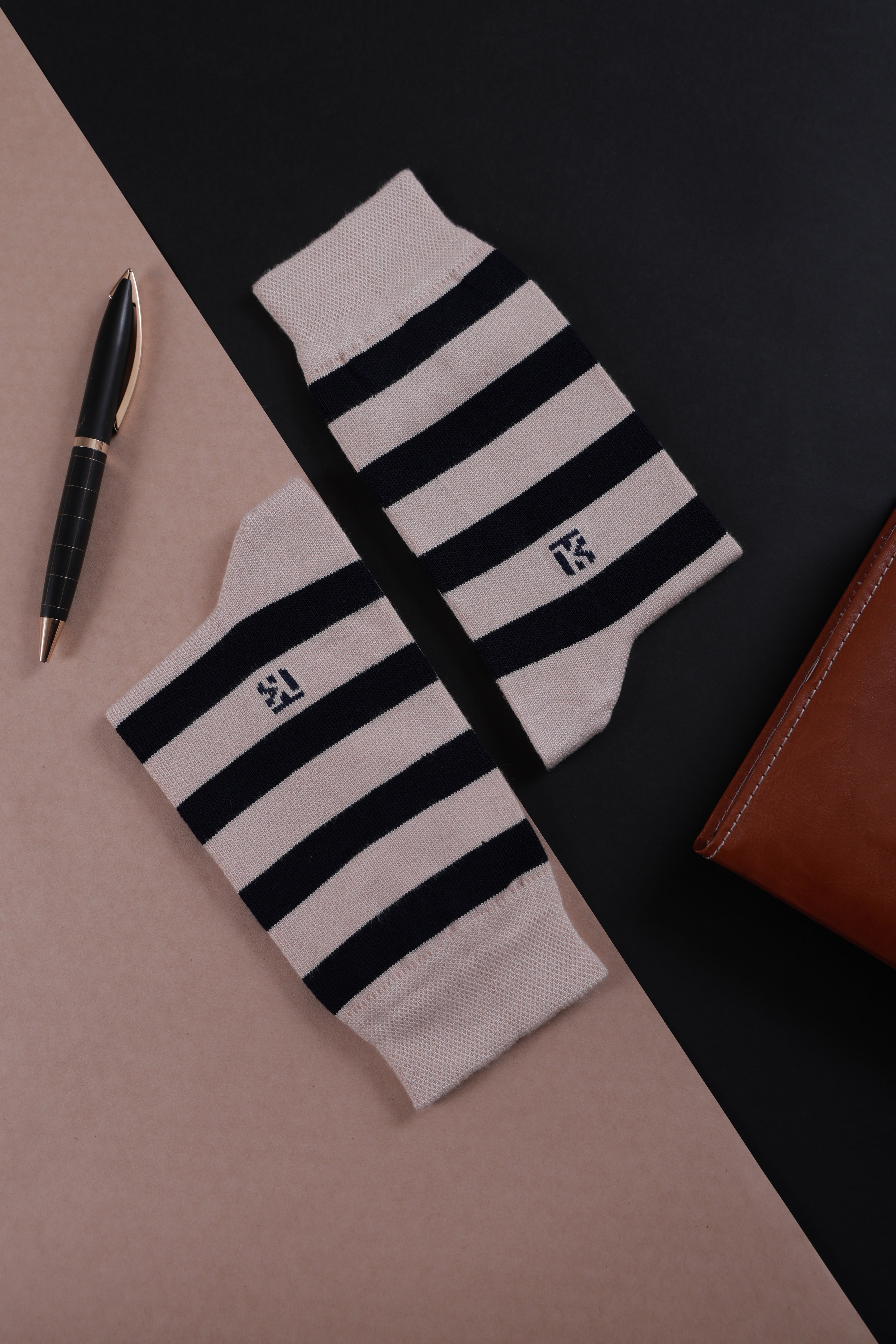 Bamboo Socks Pair | Kikitoes Crew Length Socks | Beige Colour with Navy Blue Stripes Socks for Men | KIKI0019