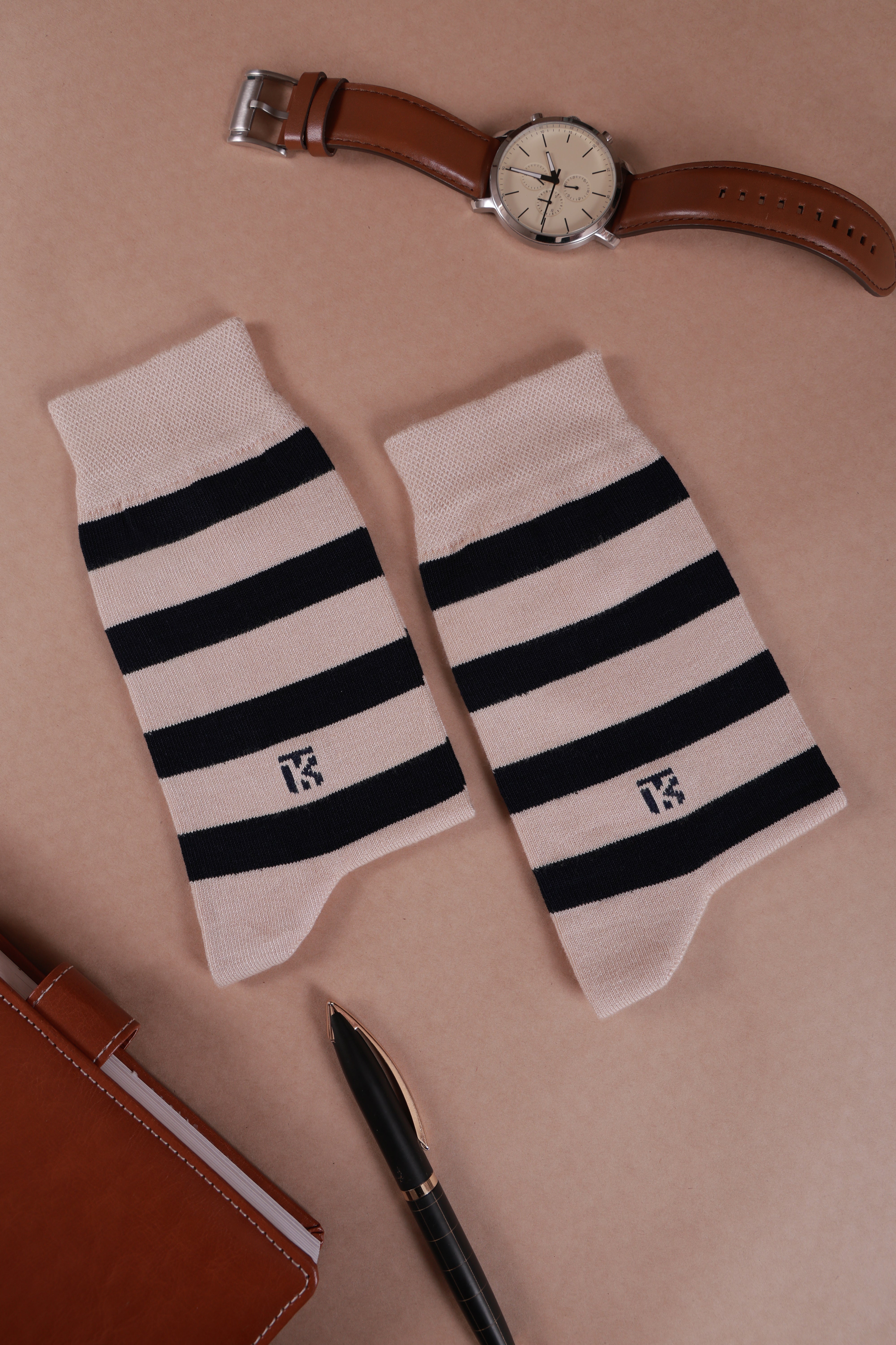 Bamboo Socks Pair | Kikitoes Crew Length Socks | Beige Colour with Navy Blue Stripes Socks for Men | KIKI0019