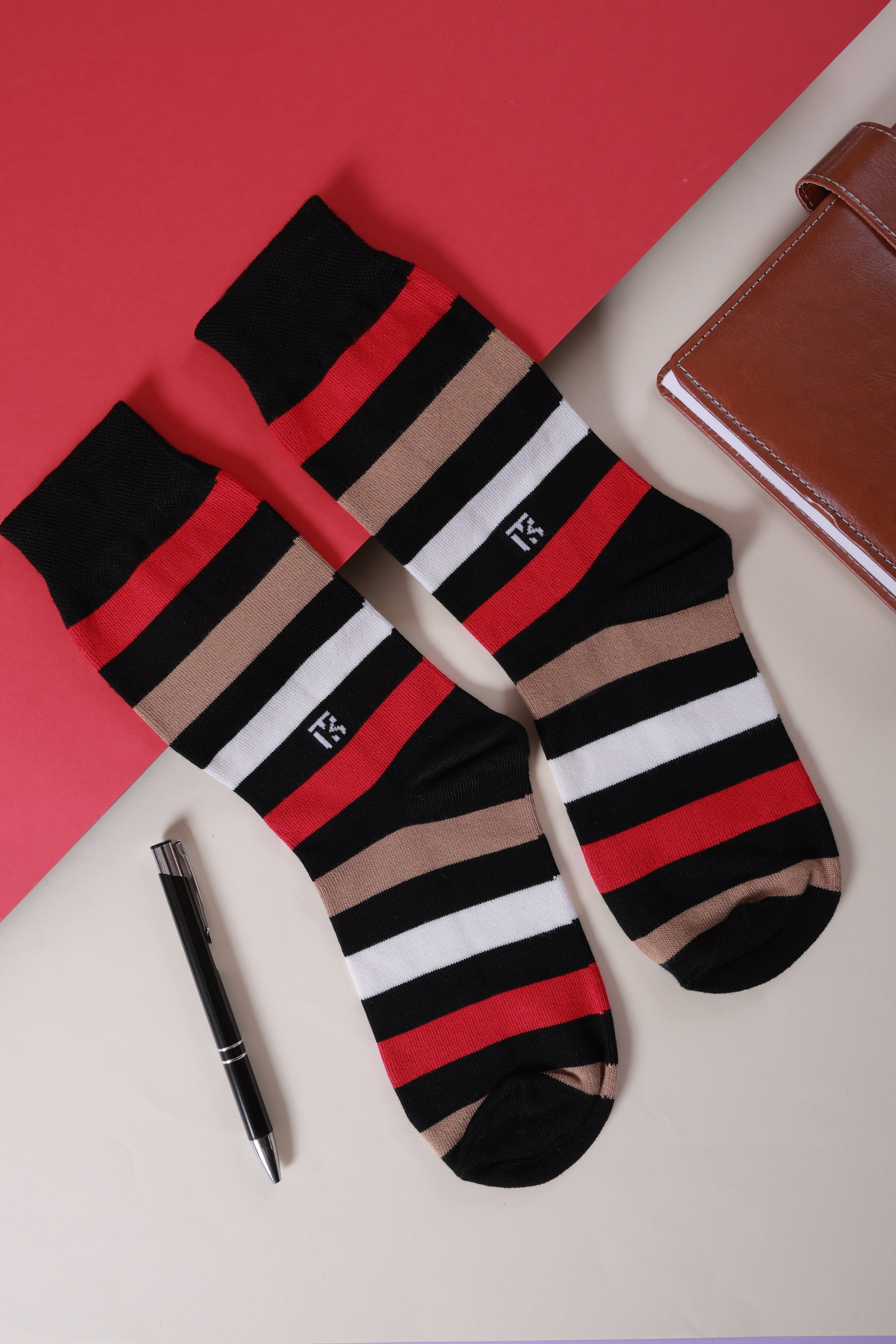 Bamboo Socks Pair | Kikitoes Crew Length Socks | Black Colour with Red, Tan & White Stripes Sports Socks for Men
