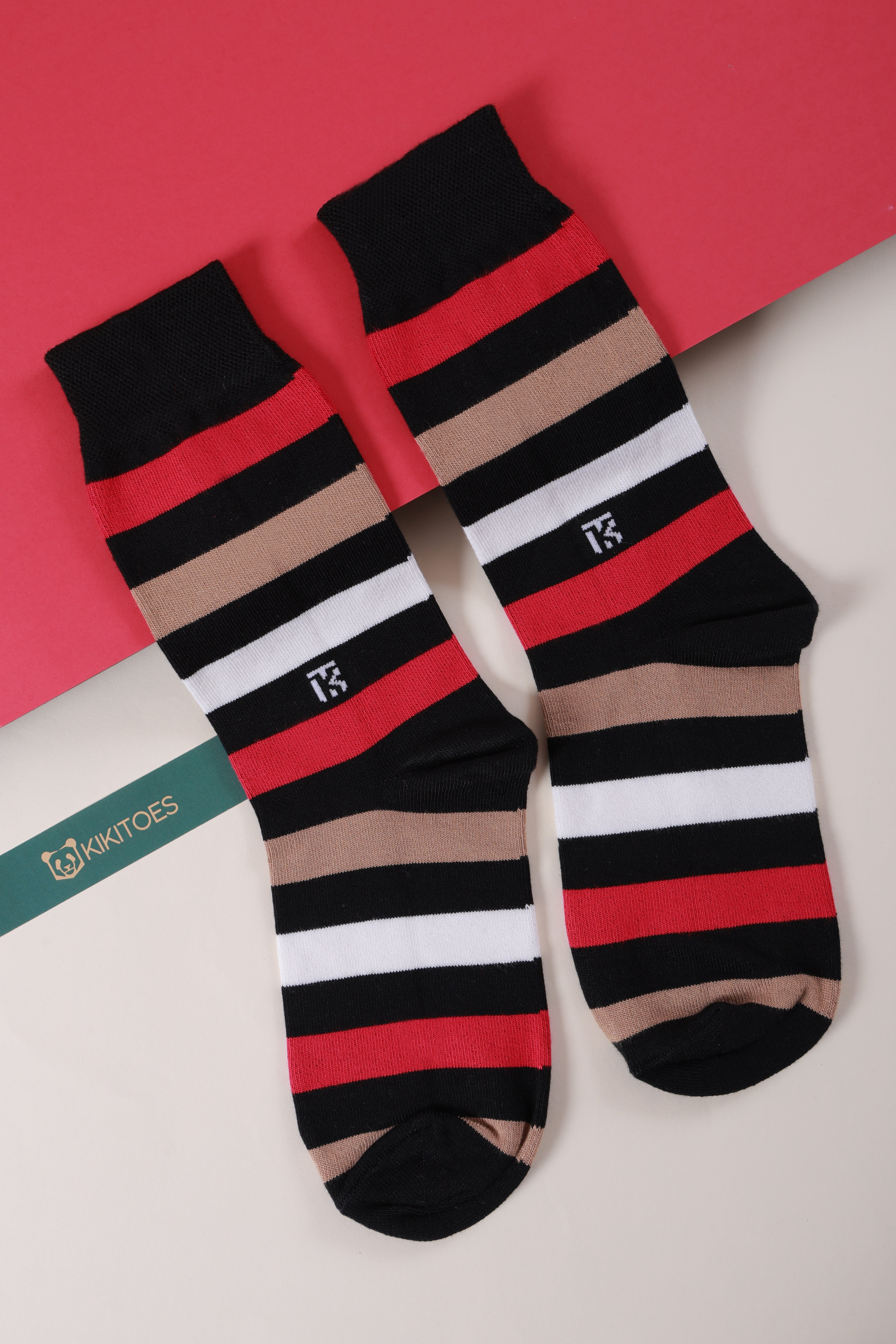 Bamboo Socks Pair | Kikitoes Crew Length Socks | Black Colour with Red, Tan & White Stripes Sports Socks for Men
