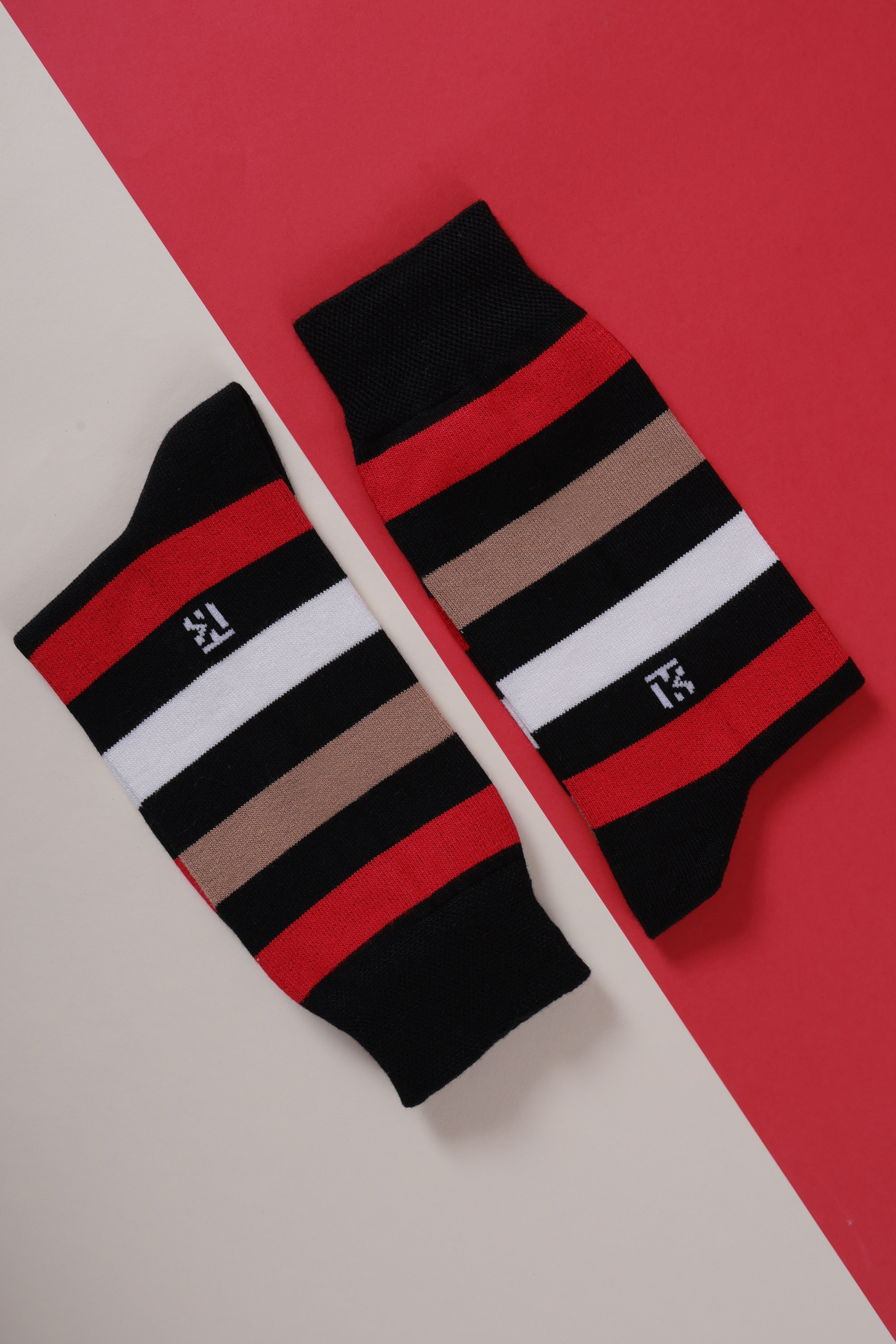 Bamboo Socks Pair | Kikitoes Crew Length Socks | Black Colour with Red, Tan & White Stripes Sports Socks for Men
