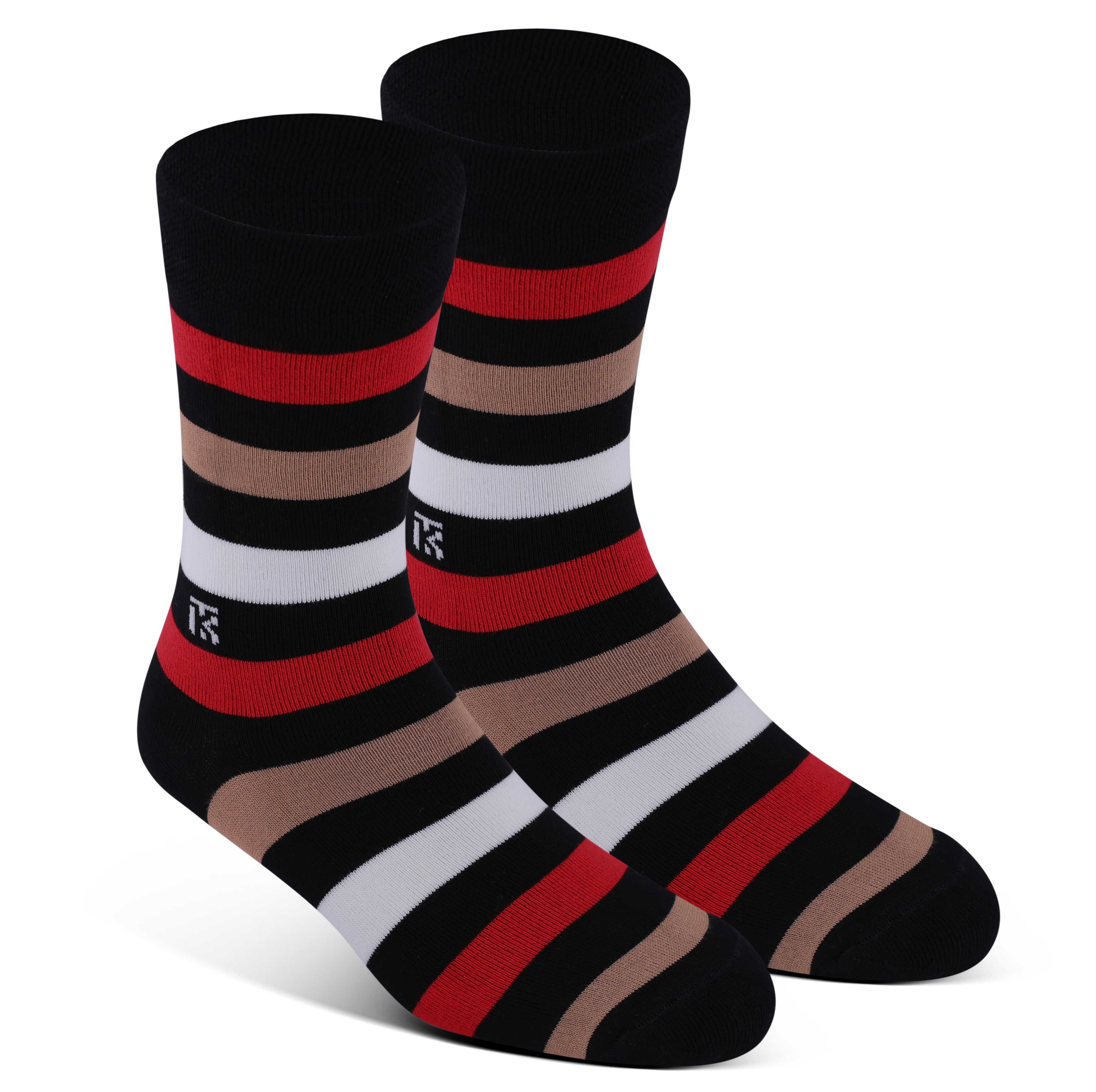 Bamboo Socks Pair | Kikitoes Crew Length Socks | Black Colour with Red, Tan & White Stripes Sports Socks for Men