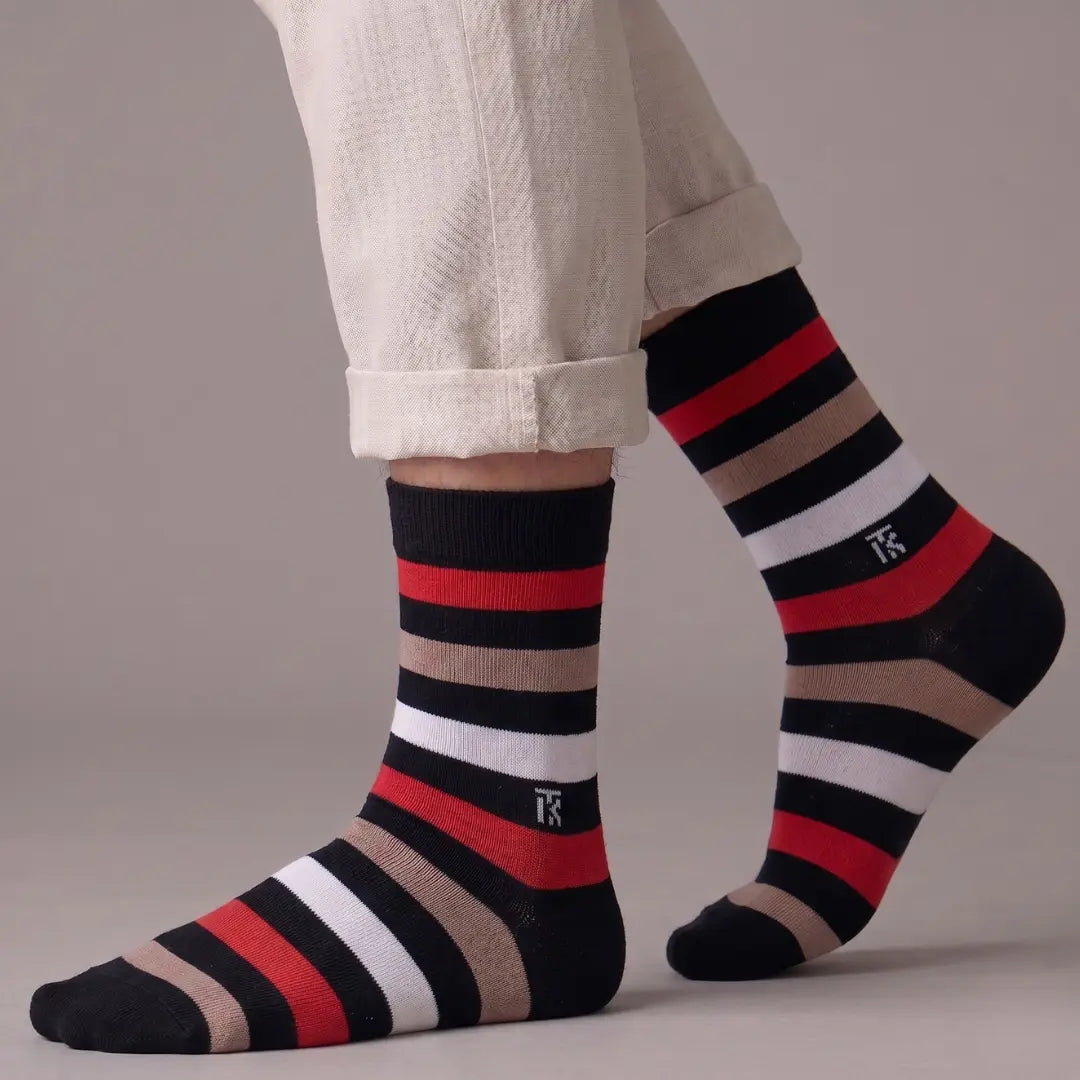 KIKITOES BAMBOO MEN CREW SOCKS | Classic Stripes | Navy Blue with Red Stripes