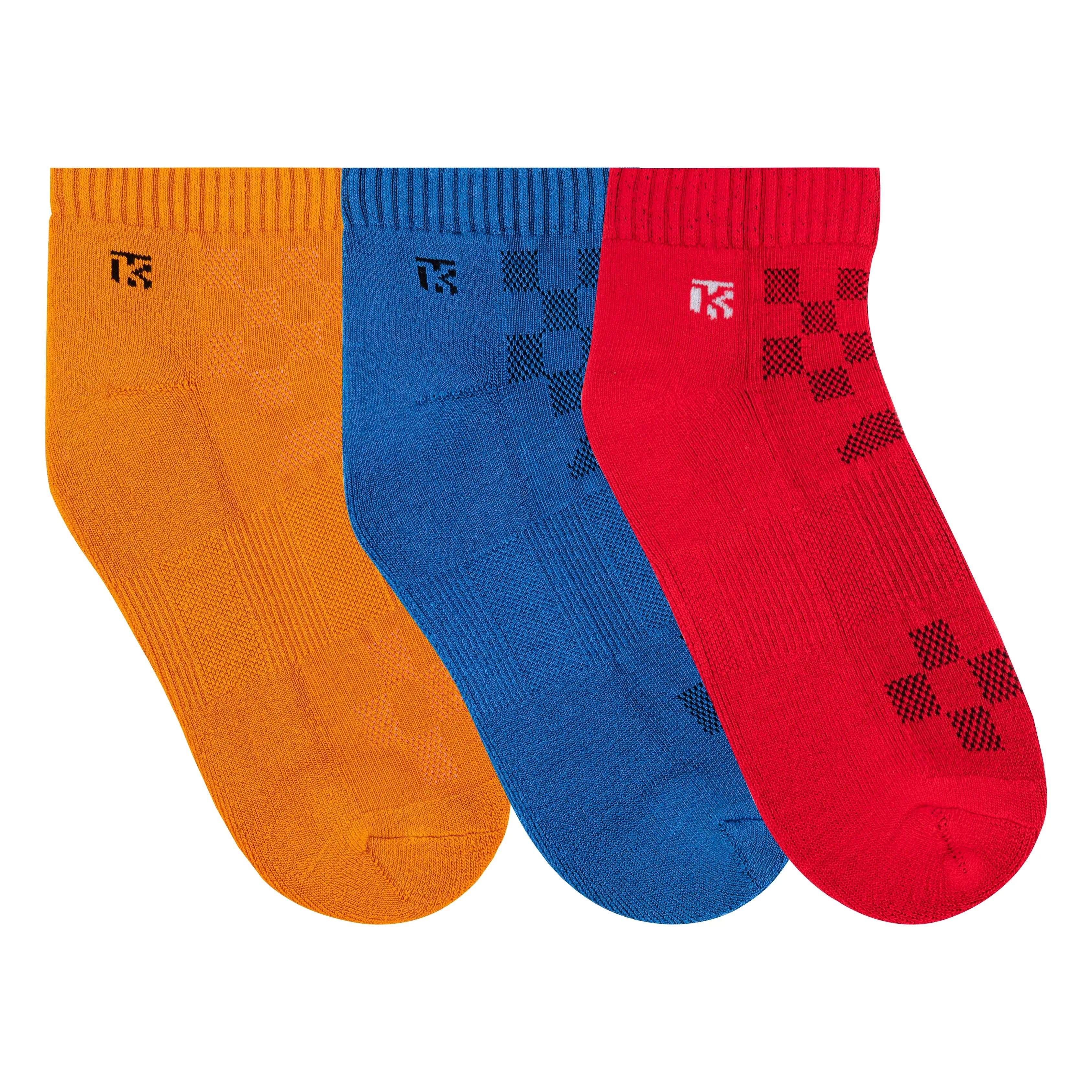 Bamboo ankle sports socks for men combo pack in orange, Persian blue and red with cushioned sole and breathable square mesh design