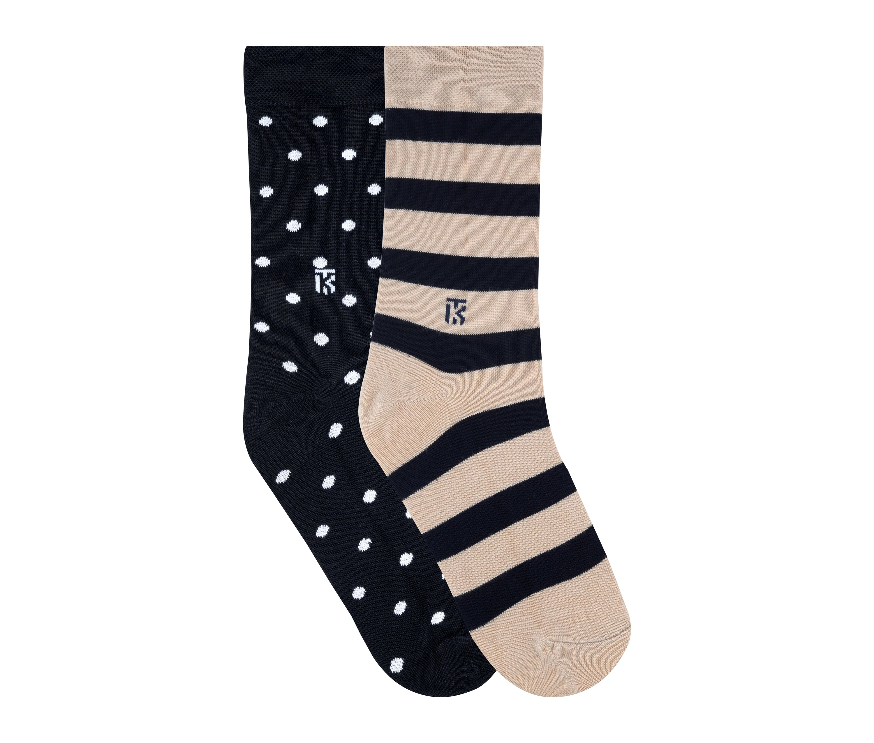 Kikitoes Polka Dot & Stripe Bamboo Socks - Stylish Black with White Polka Dots & Beige with Navy Blue Stripe Socks for Daily Wear & Sports (Pack of 2)