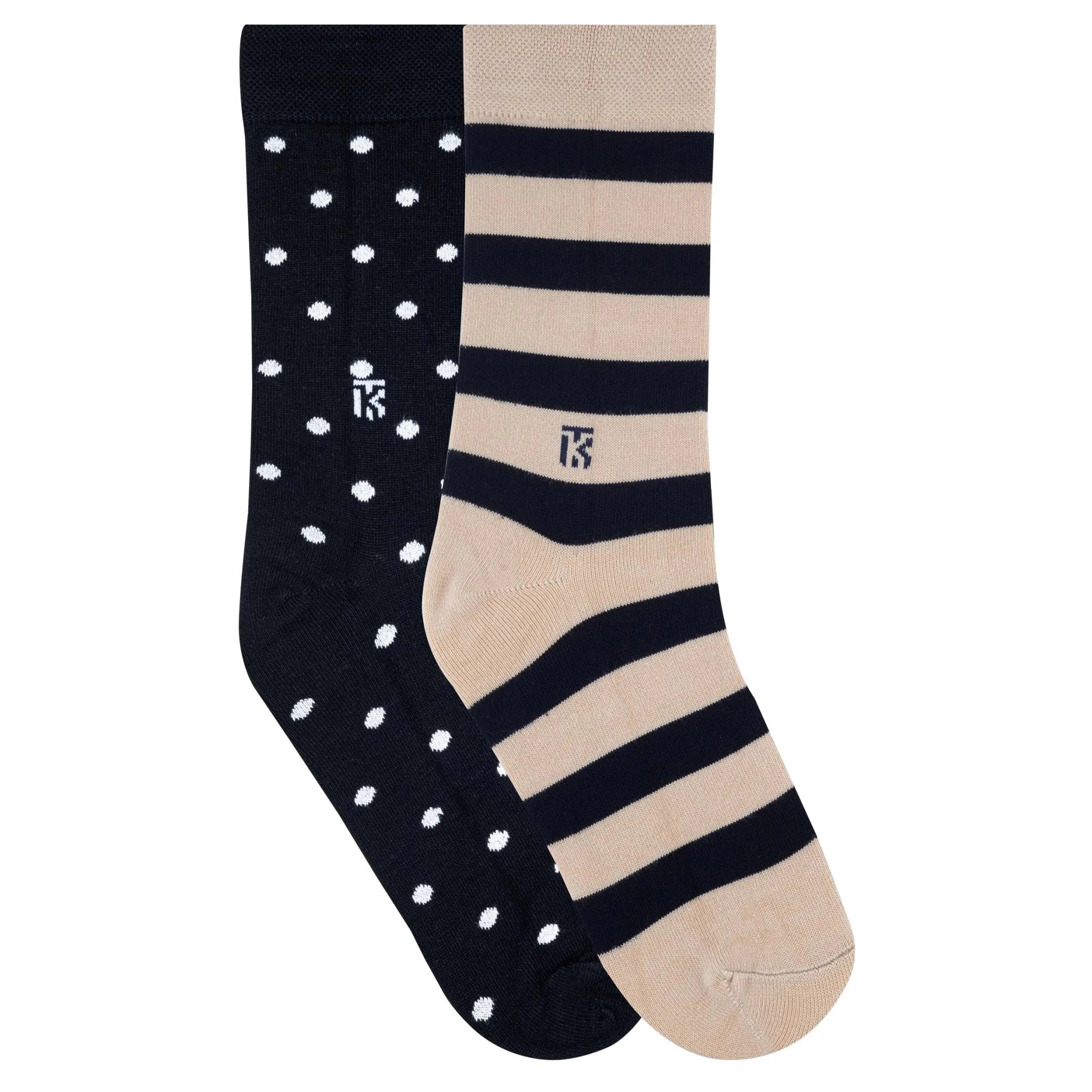Fun Fusion Duo – Black Contrast Polka & Beige with Navy Blue StripeKikitoes