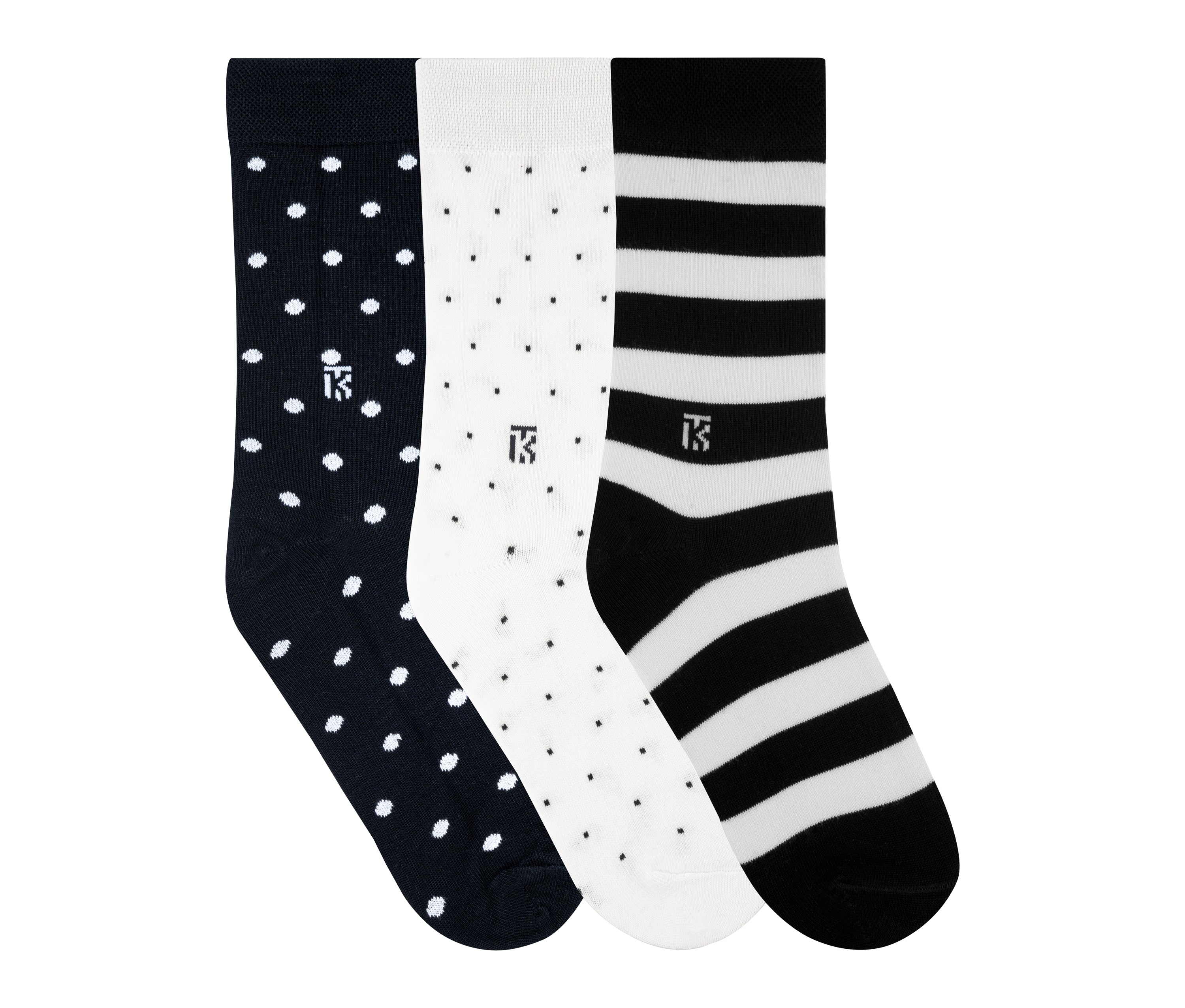 Kikitoes Polka Dot, Bird Eye Dot & Stripe Bamboo Socks – Stylish Black with White Polka Dots, White with Navy Blue Dots & Black with White Stripes Socks for Daily Wear & Sports (Pack of 3)