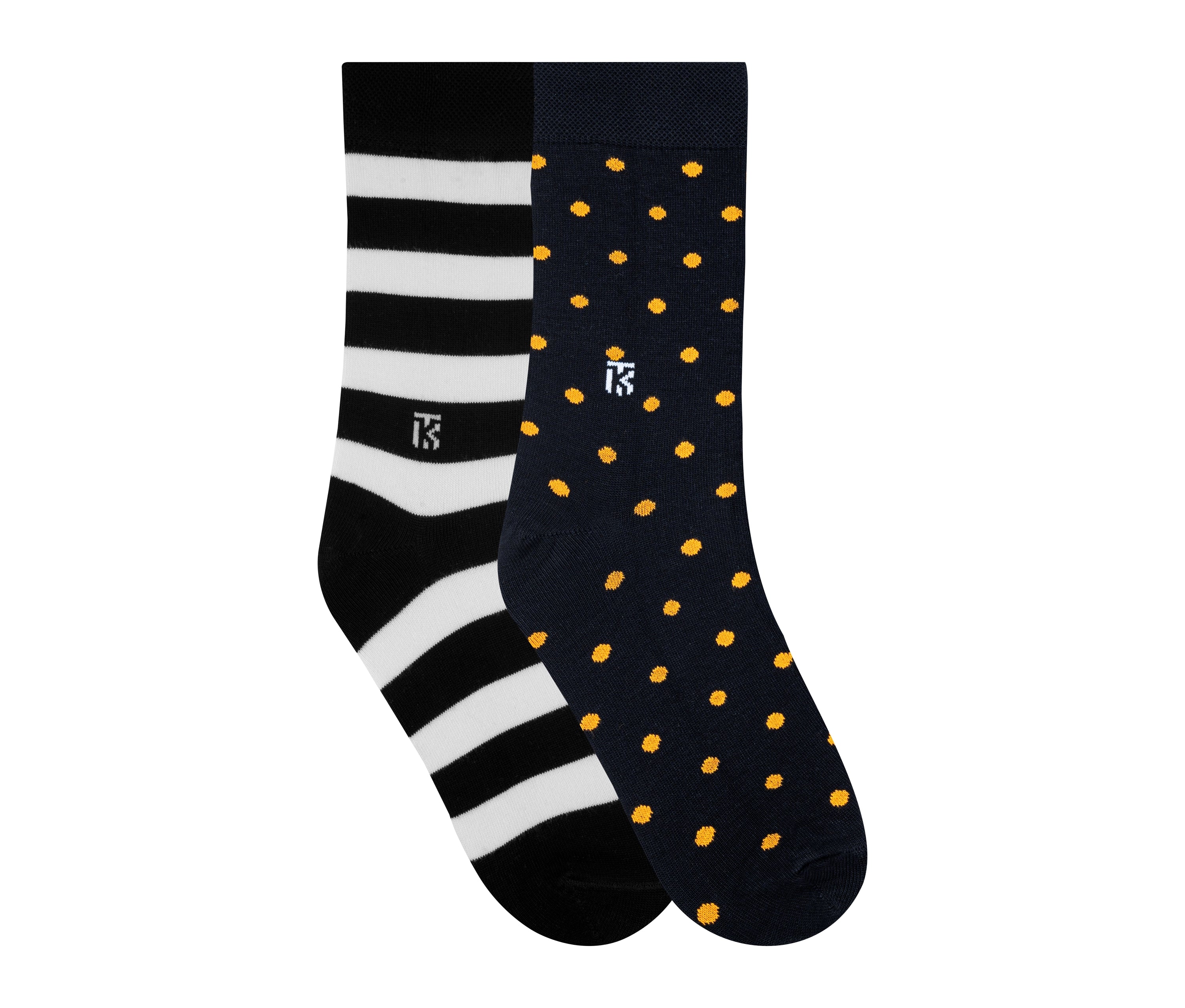 Kikitoes Polka Dot & Stripe Bamboo Socks – Stylish Black with White Stripe & Black with Yellow Polka Dots Crew Socks for Daily Wear & Sports (Pack of 2)
