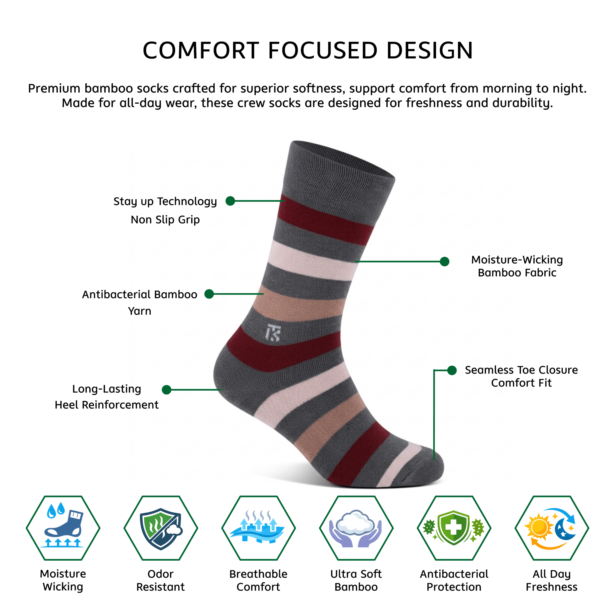 KIKITOES BAMBOO MEN CREW SOCKS | Urban Stripes | Steel Grey with MaroonKikitoes