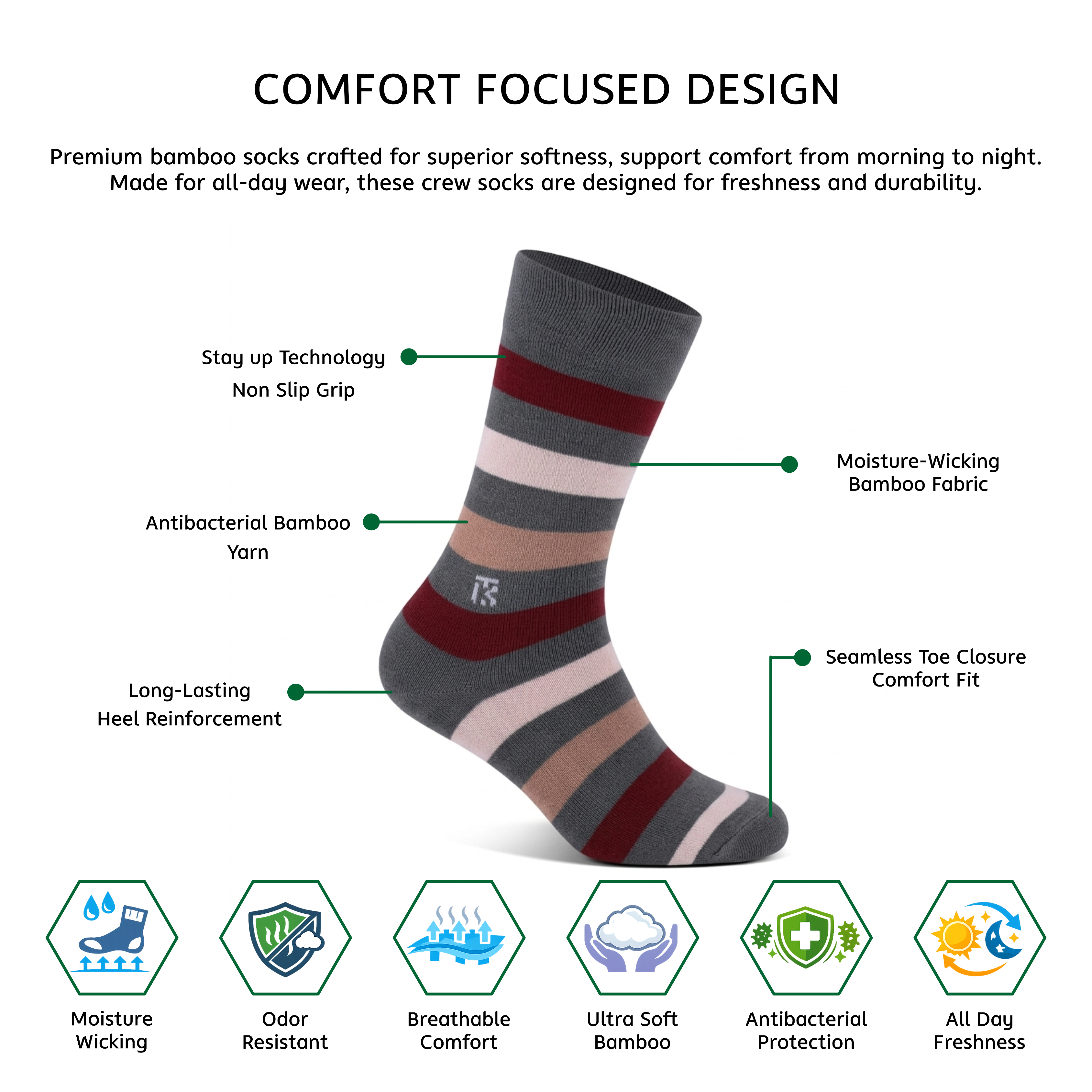 KIKITOES BAMBOO SOCKS | Urban Stripes | Steel Grey with Maroon | Benefits image