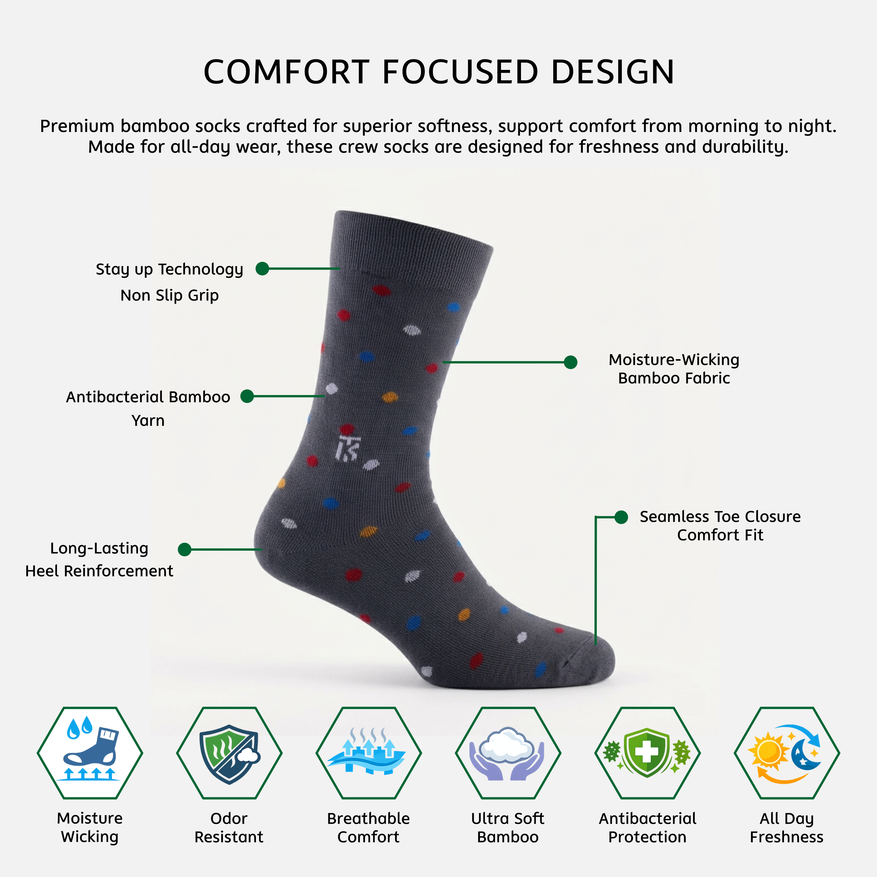 Model standing on a table wearing pop polka grey bamboo socks for men, crew socks with multi dot design, breathable fabric, and soft stretch fit for all-day comfort. | Inforgraphics
