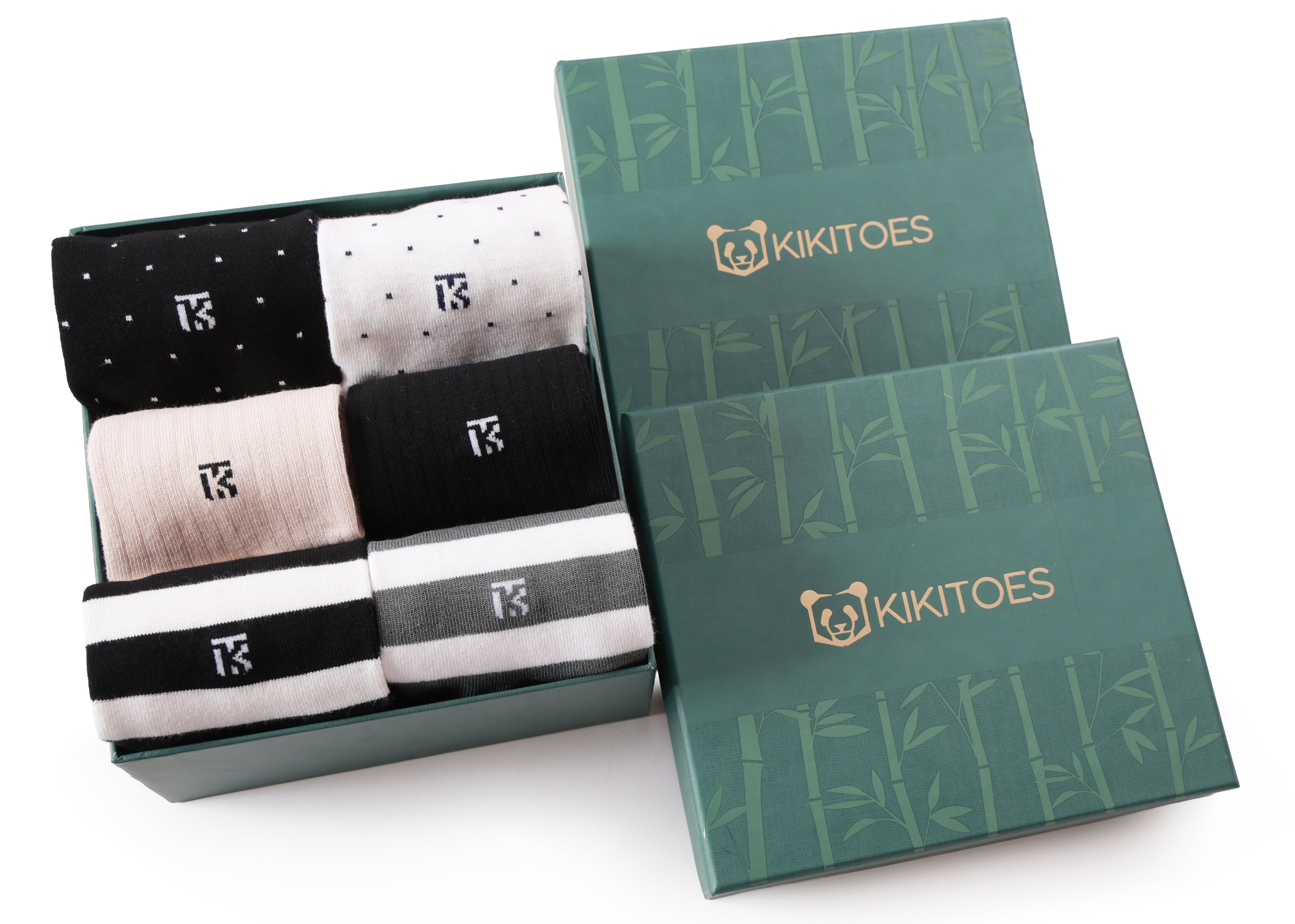 Kikitoes Luxe Signature Box – Everyday Sophistication featuring six pairs of premium bamboo combo socks set in Solid Black, Solid Beige, Black–White Polka, White–Navy Polka, Grey–White Stripes, and Black–White Stripes tones – crew socks for men.