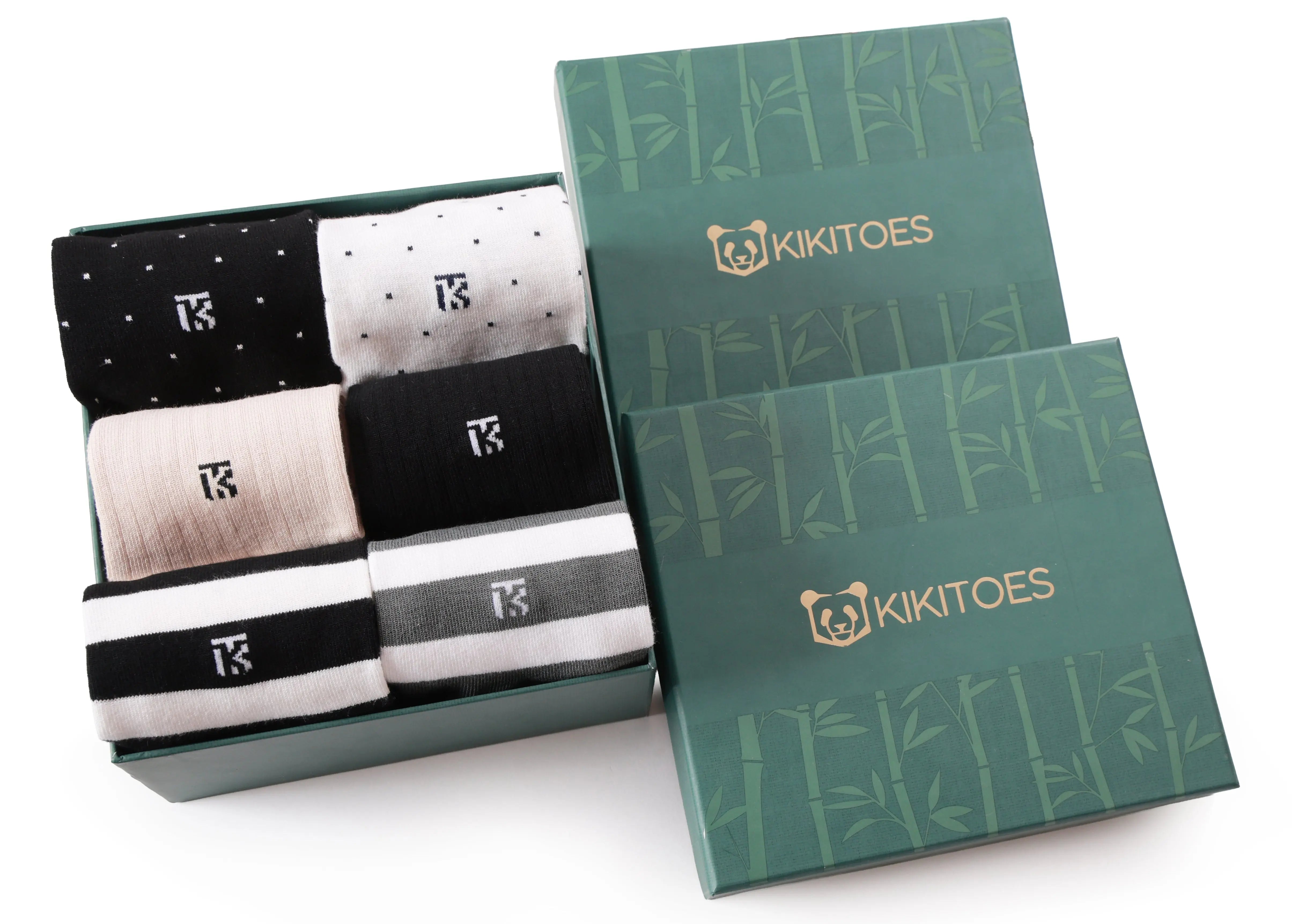 Kikitoes Luxe Signature Box – Everyday Sophistication featuring six pairs of premium bamboo combo socks set in Solid Black, Solid Beige, Black–White Polka, White–Navy Polka, Grey–White Stripes, and Black–White Stripes tones – crew socks for men.