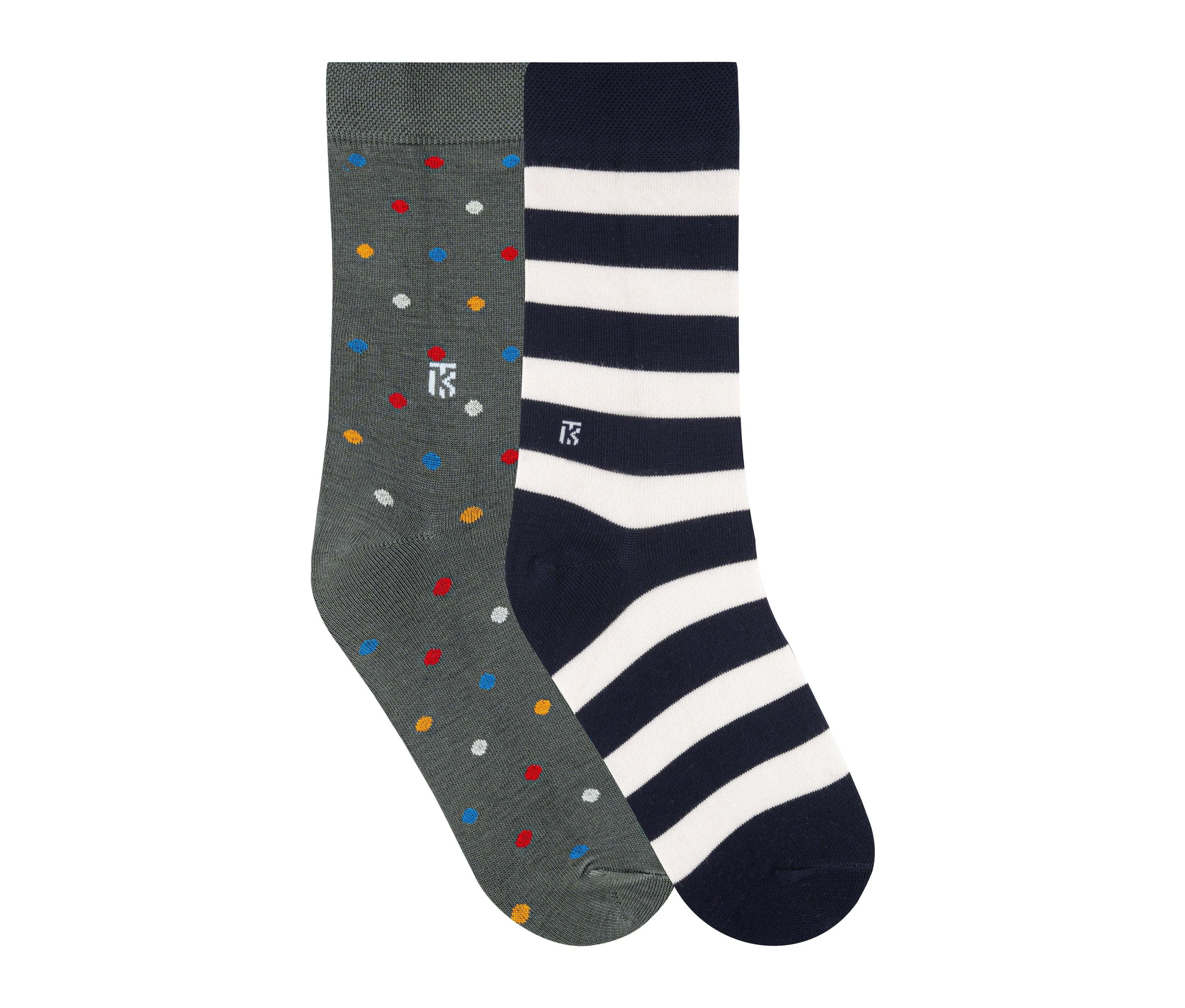 Kikitoes Polka Dot & Stripe Bamboo Socks – Stylish Grey with White, Yellow, Royal Blue, Red Polka Dots & Navy Blue with White Stripes Socks for Daily Wear & Sports (Pack of 2)