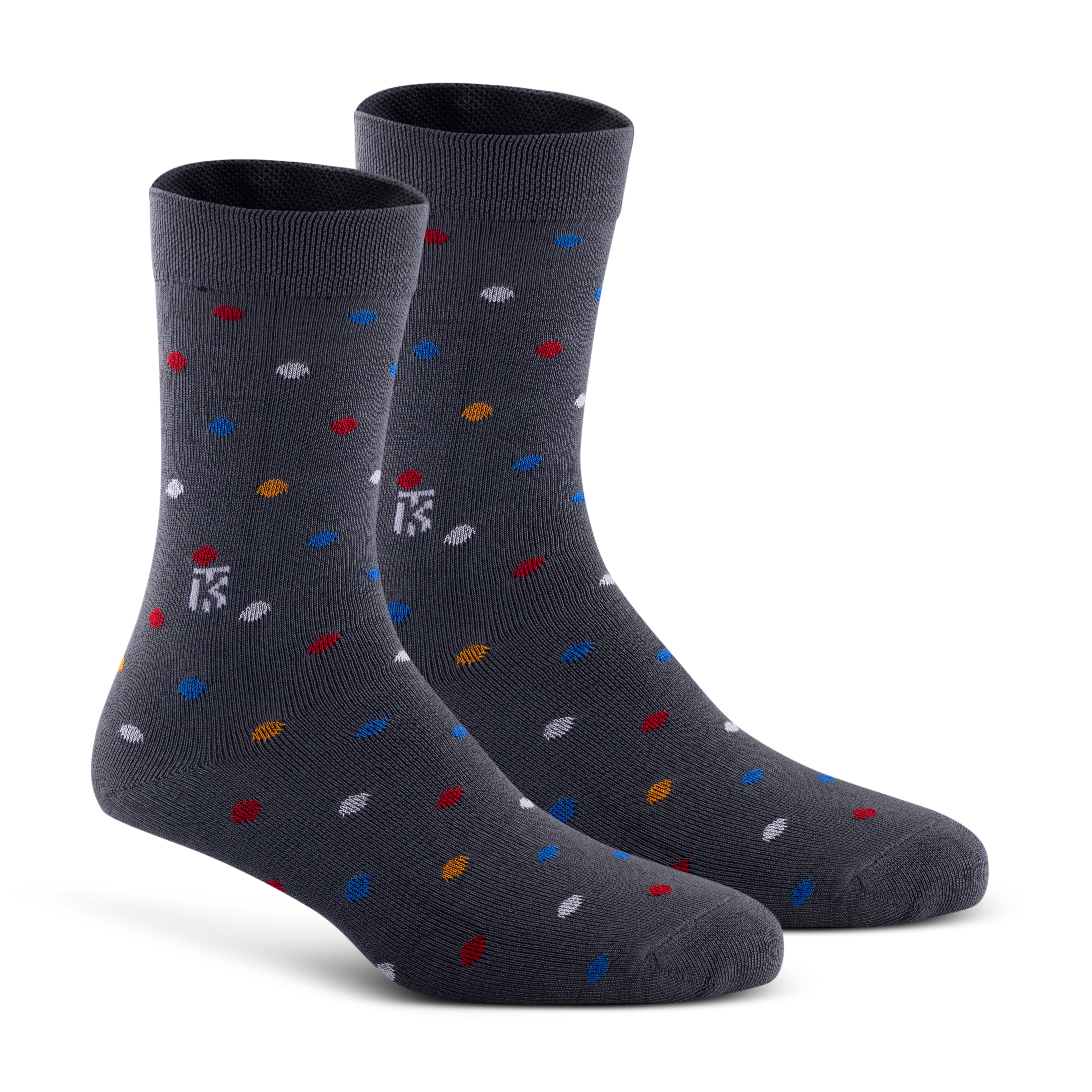 Kikitoes Luxe Signature Box – Sportify Collection featuring a combo socks set of six crew length socks in Dark Green, Beige, Navy Blue–White–Royal Blue Stripes, Grey with Multi-Color Polka Dots, and Classic White tones – premium bamboo crew socks for men.