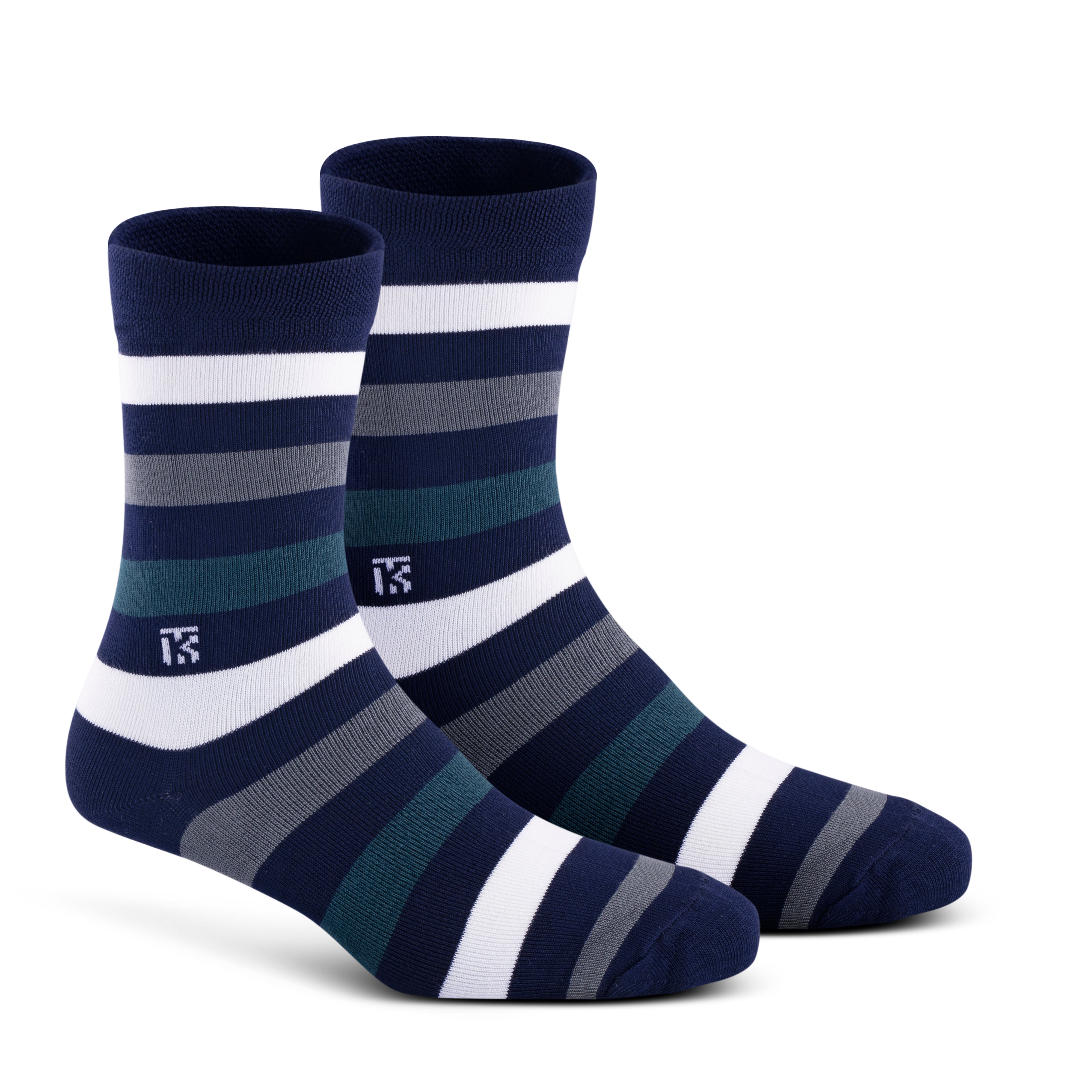 Kikitoes Luxe Signature Box – Sportify Collection featuring a combo socks set of six crew length socks in Dark Green, Beige, Navy Blue–White–Royal Blue Stripes, Grey with Multi-Color Polka Dots, and Classic White tones – premium bamboo crew socks for men.