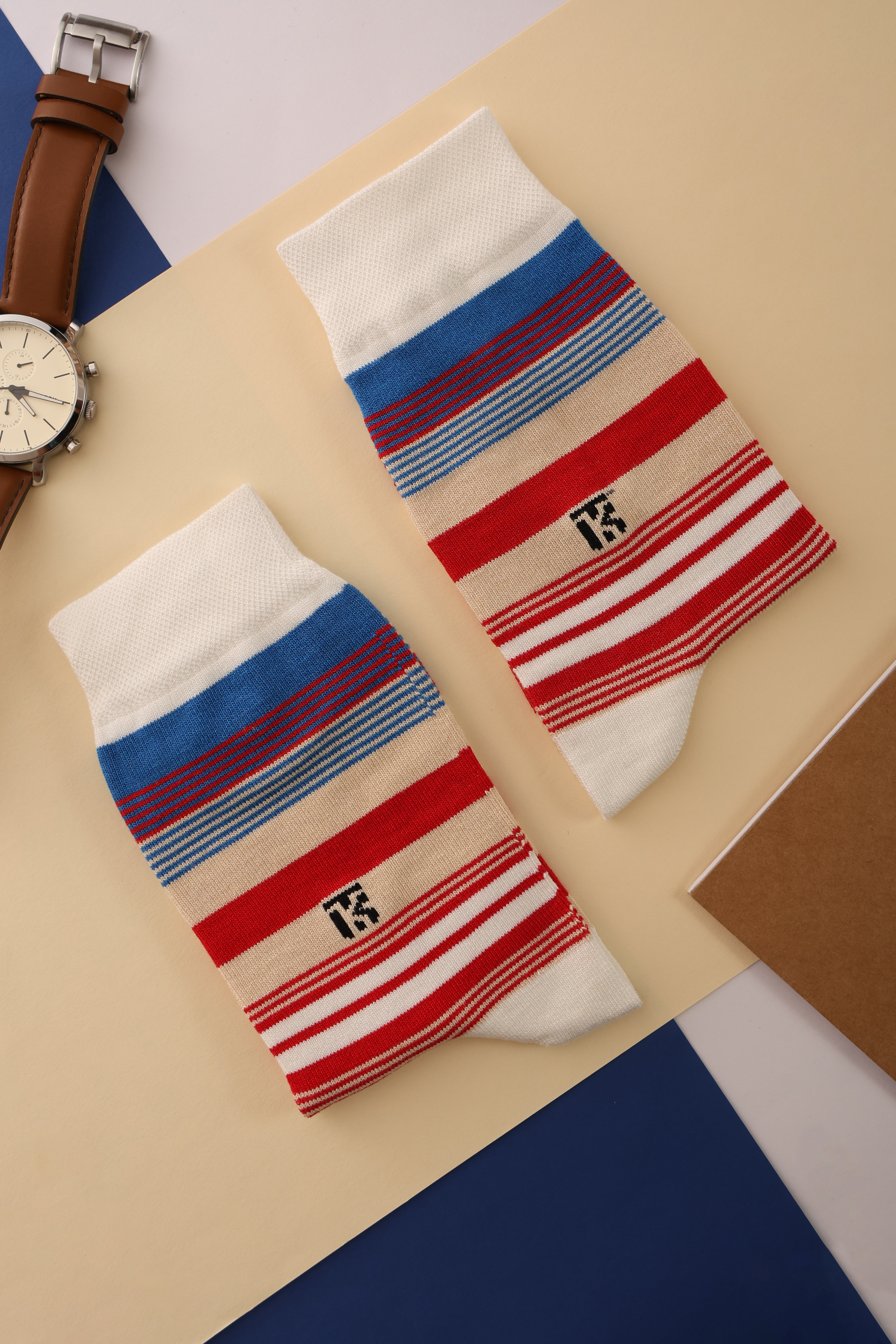 Fusion Stripe | White with Royal Blue, Beige, and Red