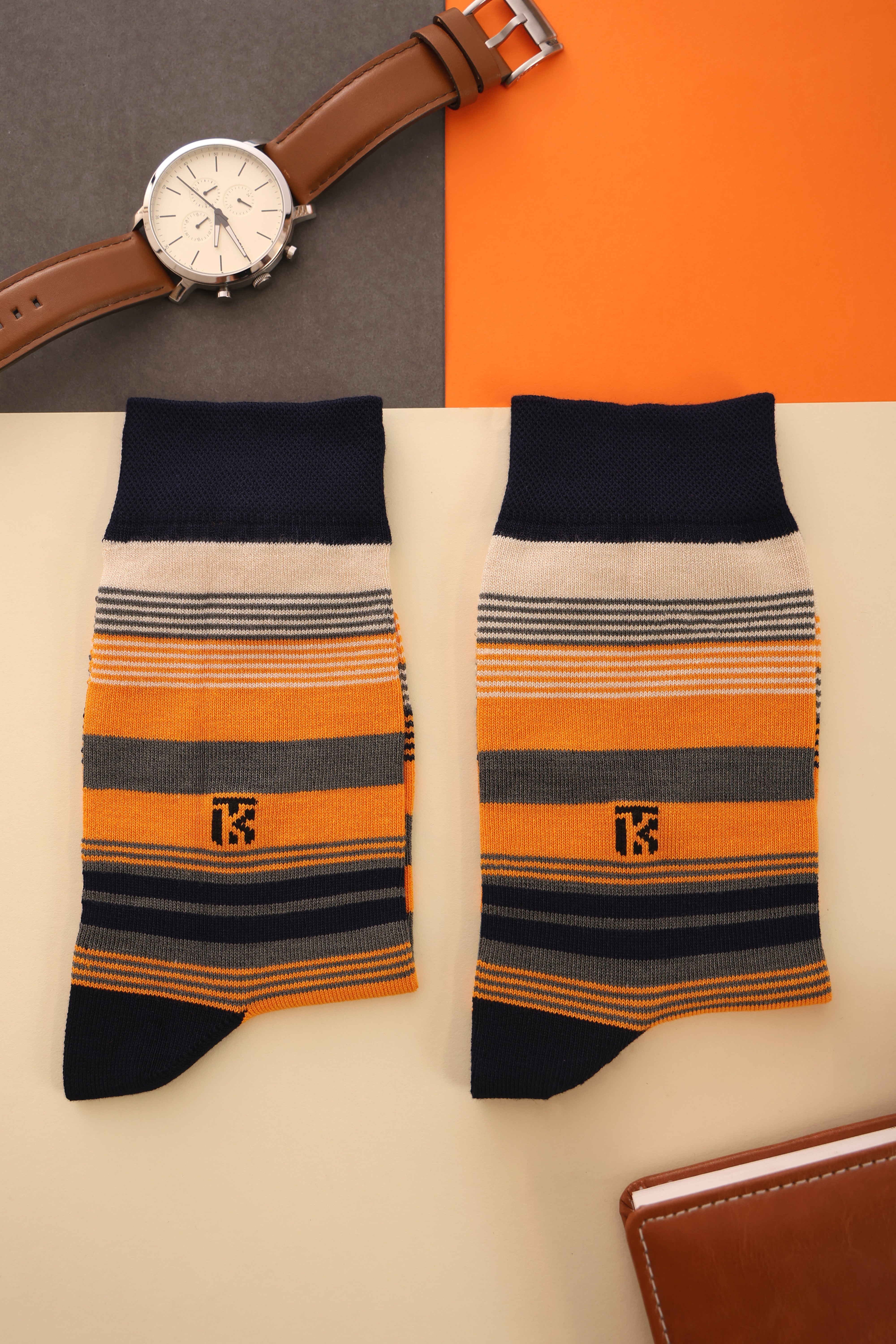 Fusion Stripe | Navy Blue with Beige, Grey, and Orange