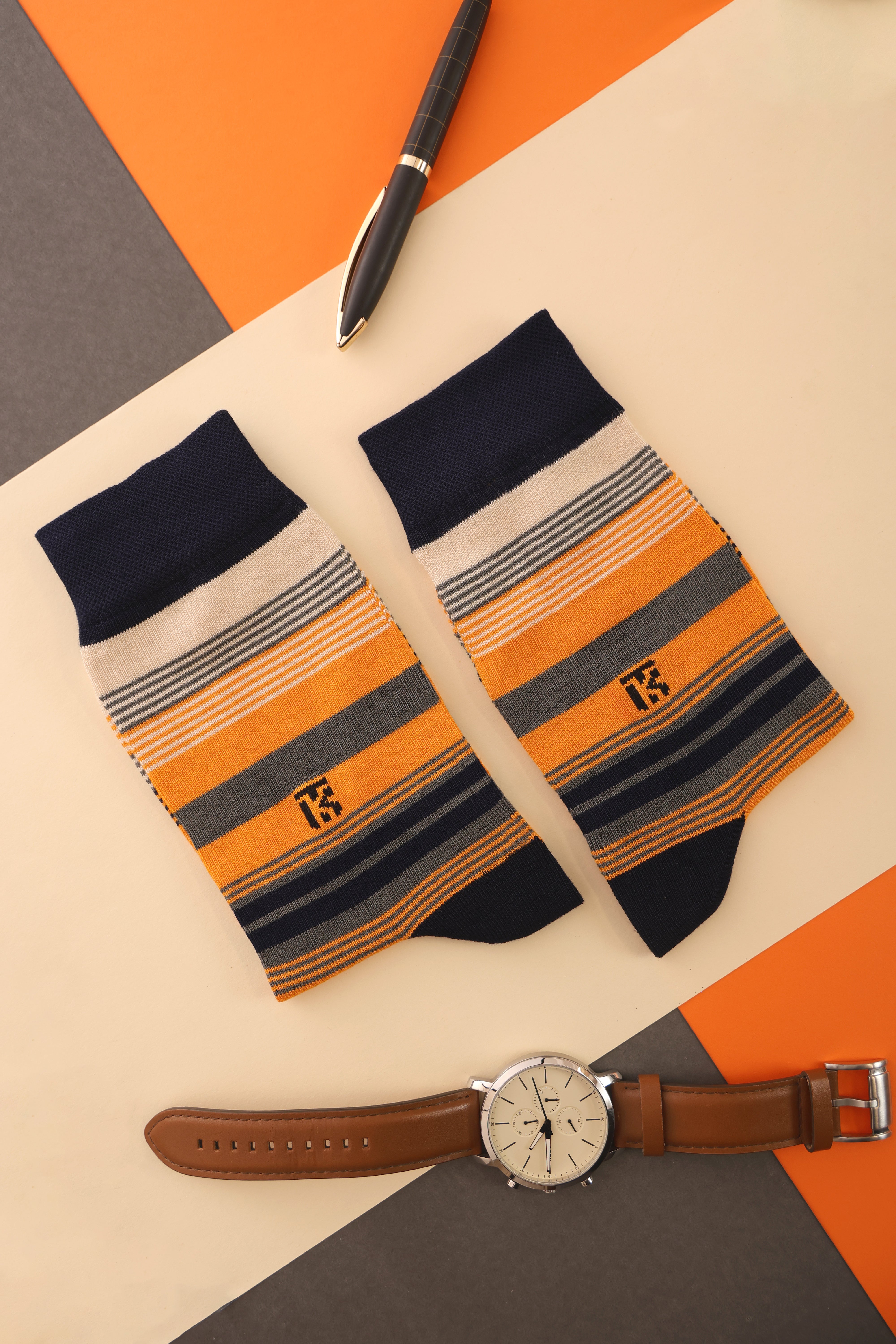 Fusion Stripe | Navy Blue with Beige, Grey, and Orange