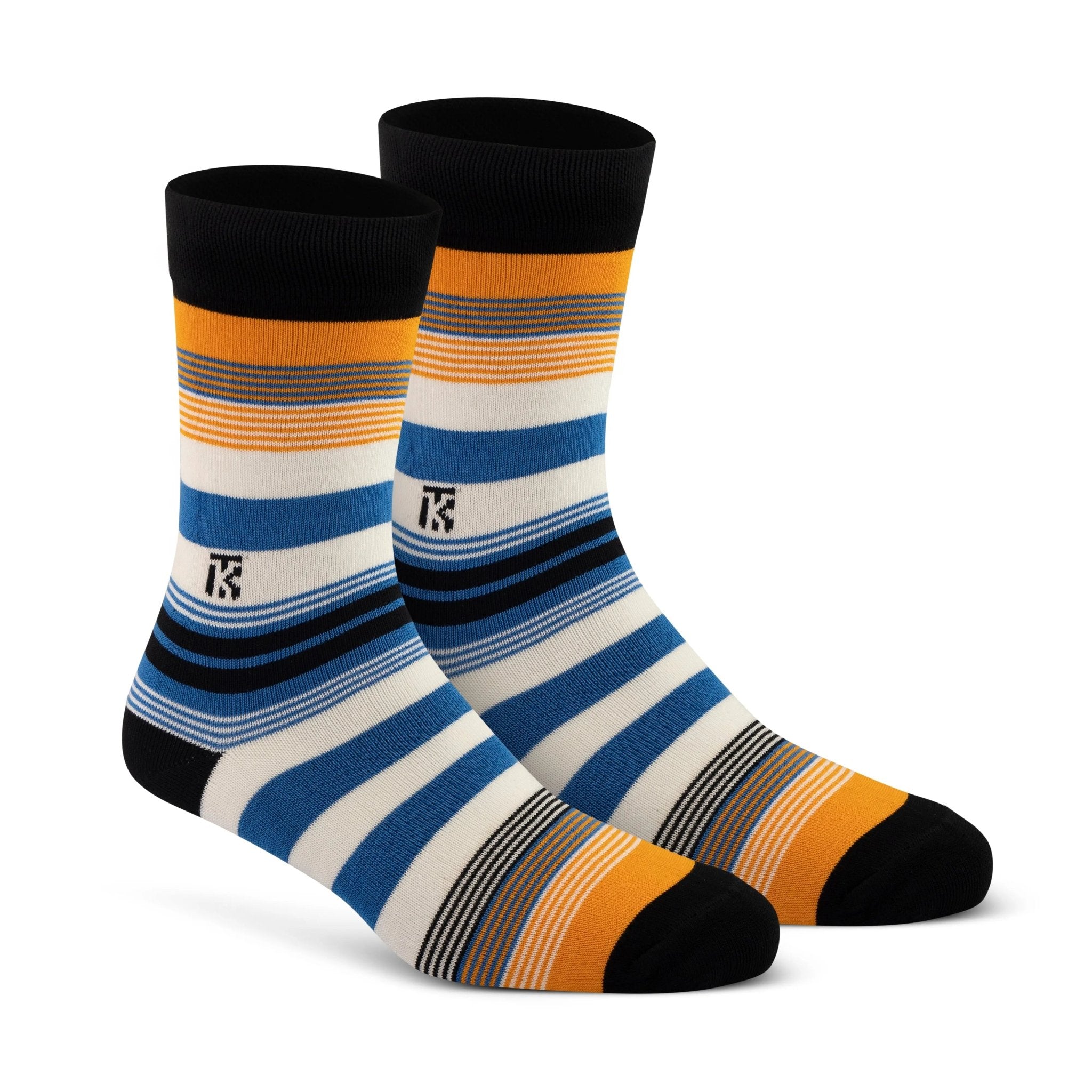 KIKITOES BAMBOO MEN CREW SOCKS | Fusion Stripe | Black with Orange, Royal Blue, and WhiteKikitoes