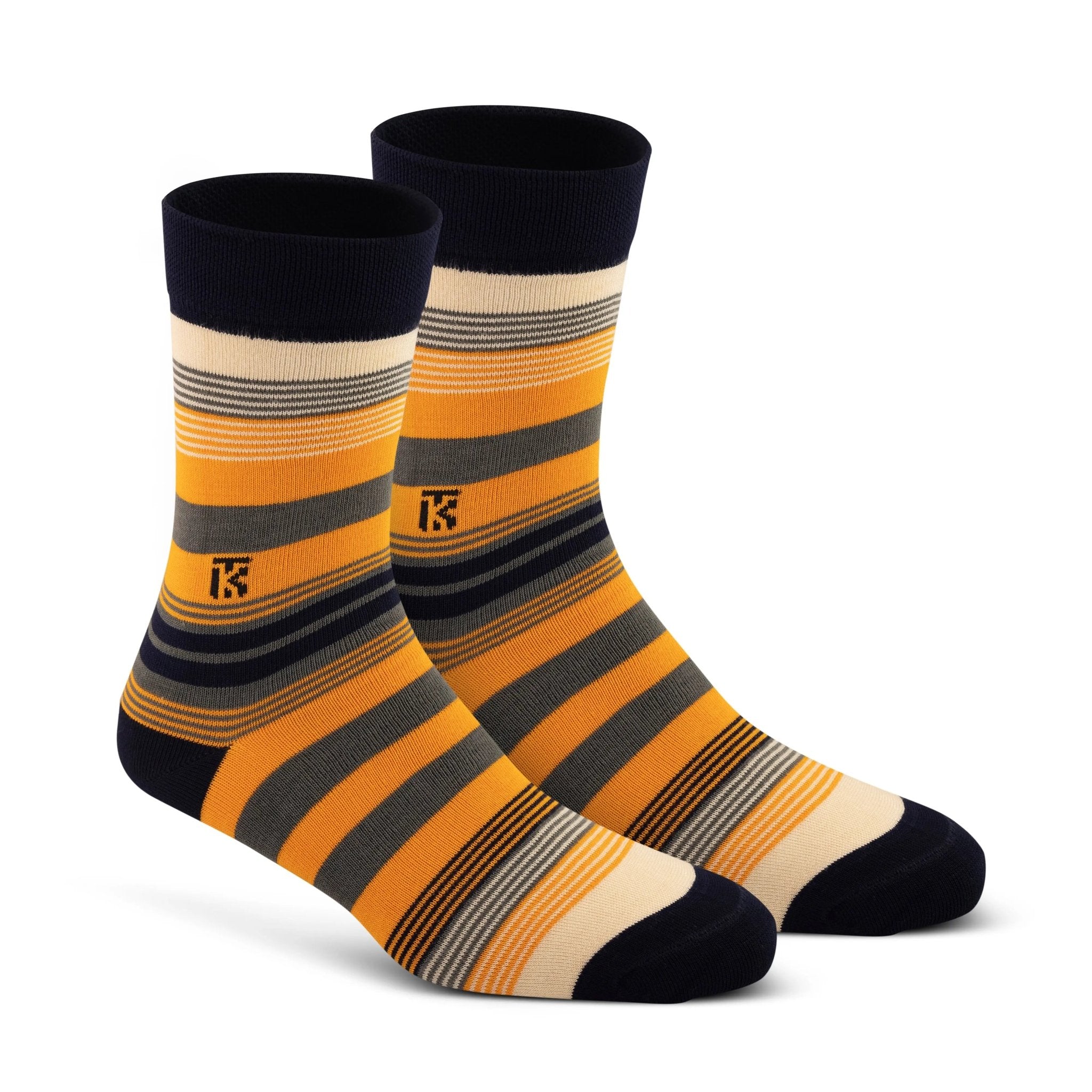 KIKITOES BAMBOO MEN CREW SOCKS | Fusion Stripe | Navy Blue with Beige, Grey, and OrangeKikitoes