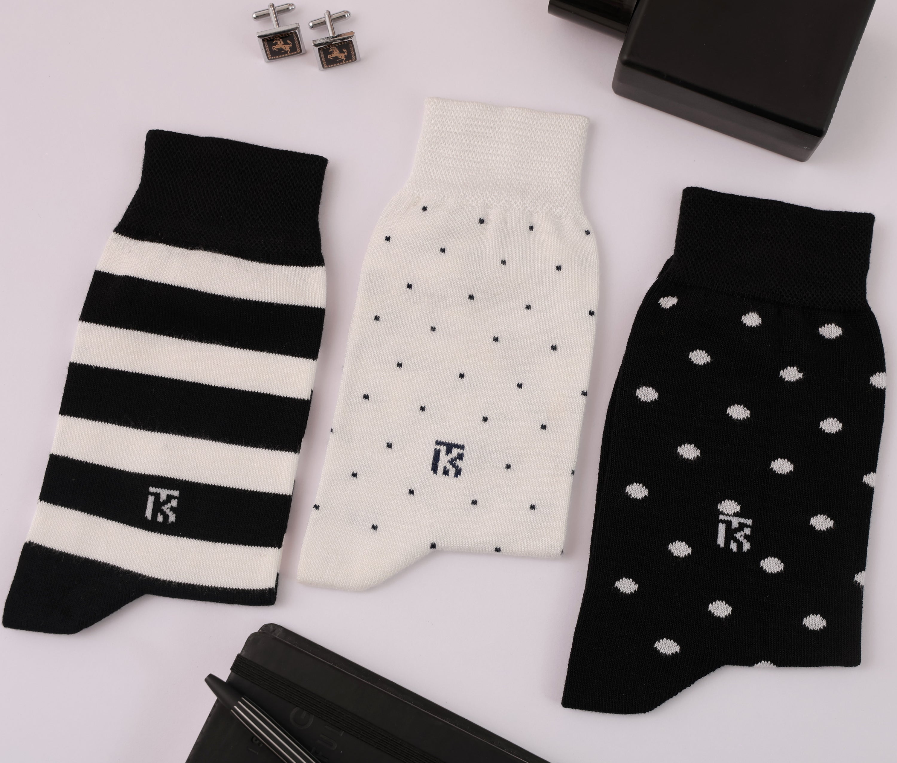 Kikitoes Polka Dot, Bird Eye Dot & Stripe Bamboo Socks – Stylish Black with White Polka Dots, White with Navy Blue Dots & Black with White Stripes Socks for Daily Wear & Sports (Pack of 3)