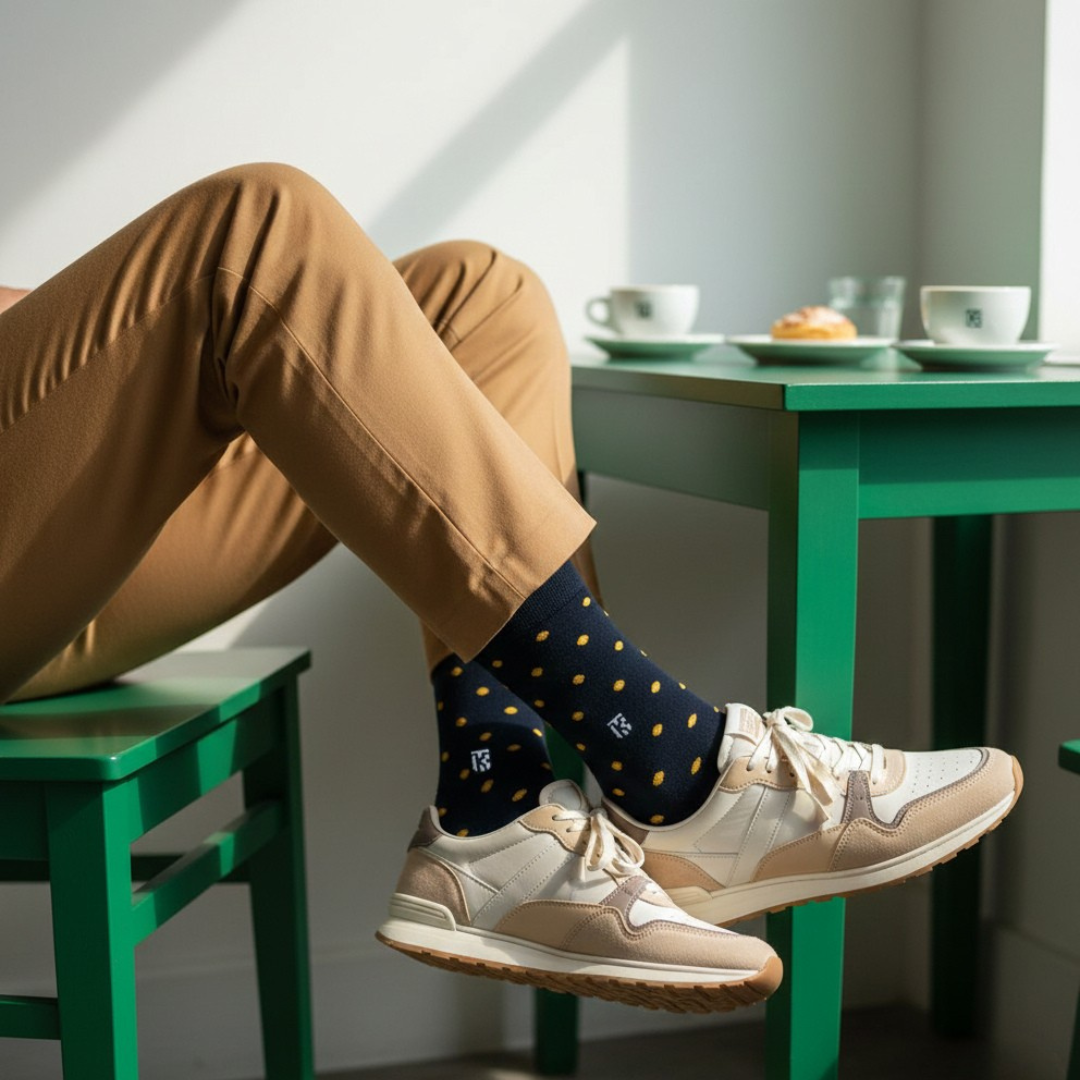 A man sitting at a green cafe table wearing navy blue bamboo socks with yellow polka dots and cream sneakers.