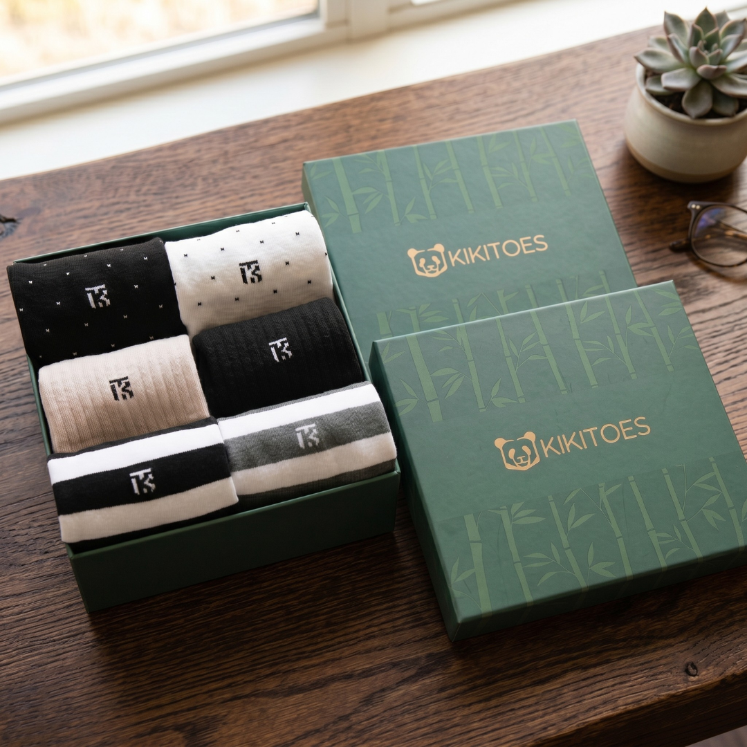 Kikitoes Luxe Signature Box – Everyday Sophistication featuring six pairs of premium bamboo combo socks set in Solid Black, Solid Beige, Black–White Polka, White–Navy Polka, Grey–White Stripes, and Black–White Stripes tones – crew socks for men.