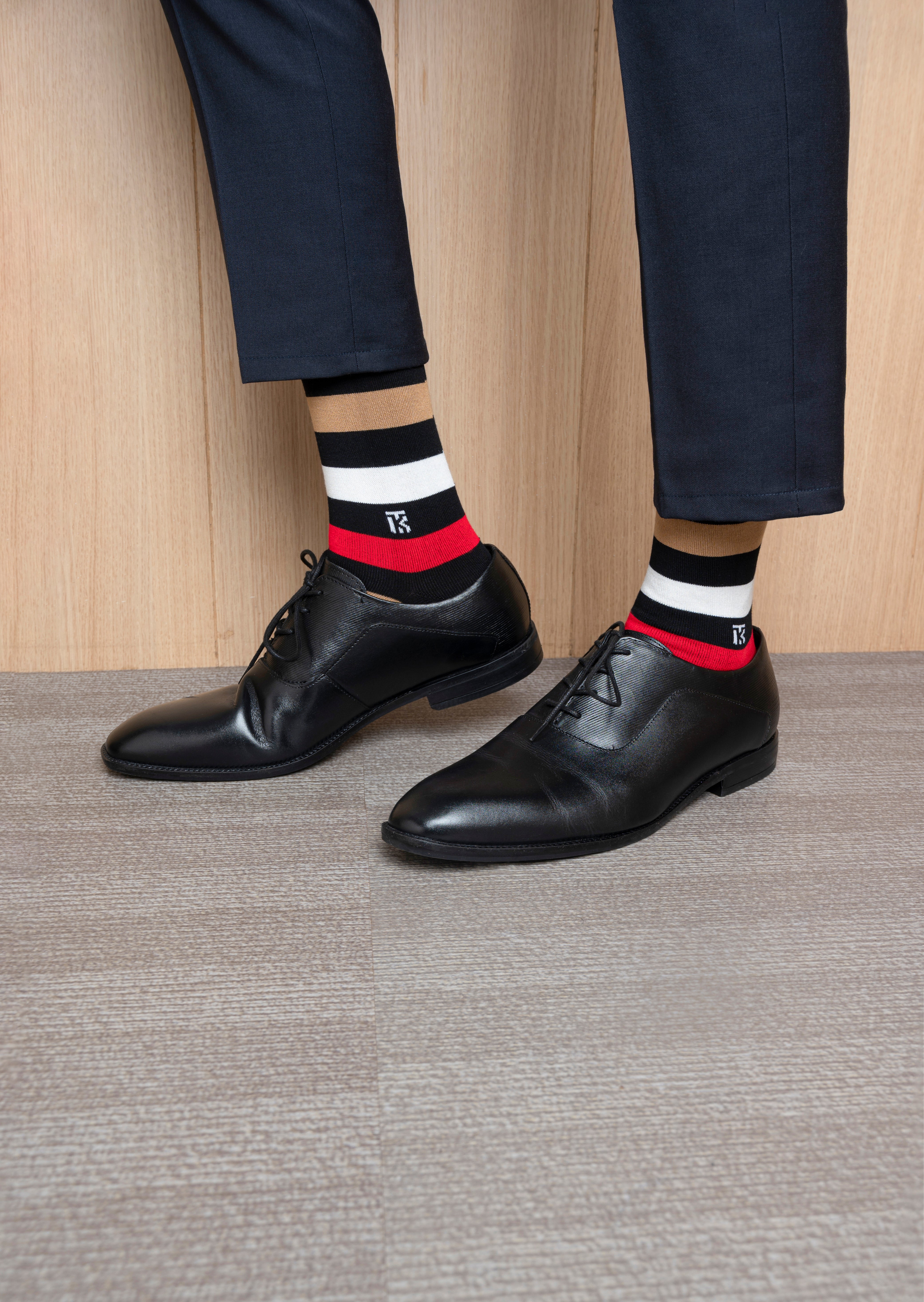 Bamboo Socks Pair | Kikitoes Crew Length Socks | Black Colour with Red, Tan & White Stripes Sports Socks for Men