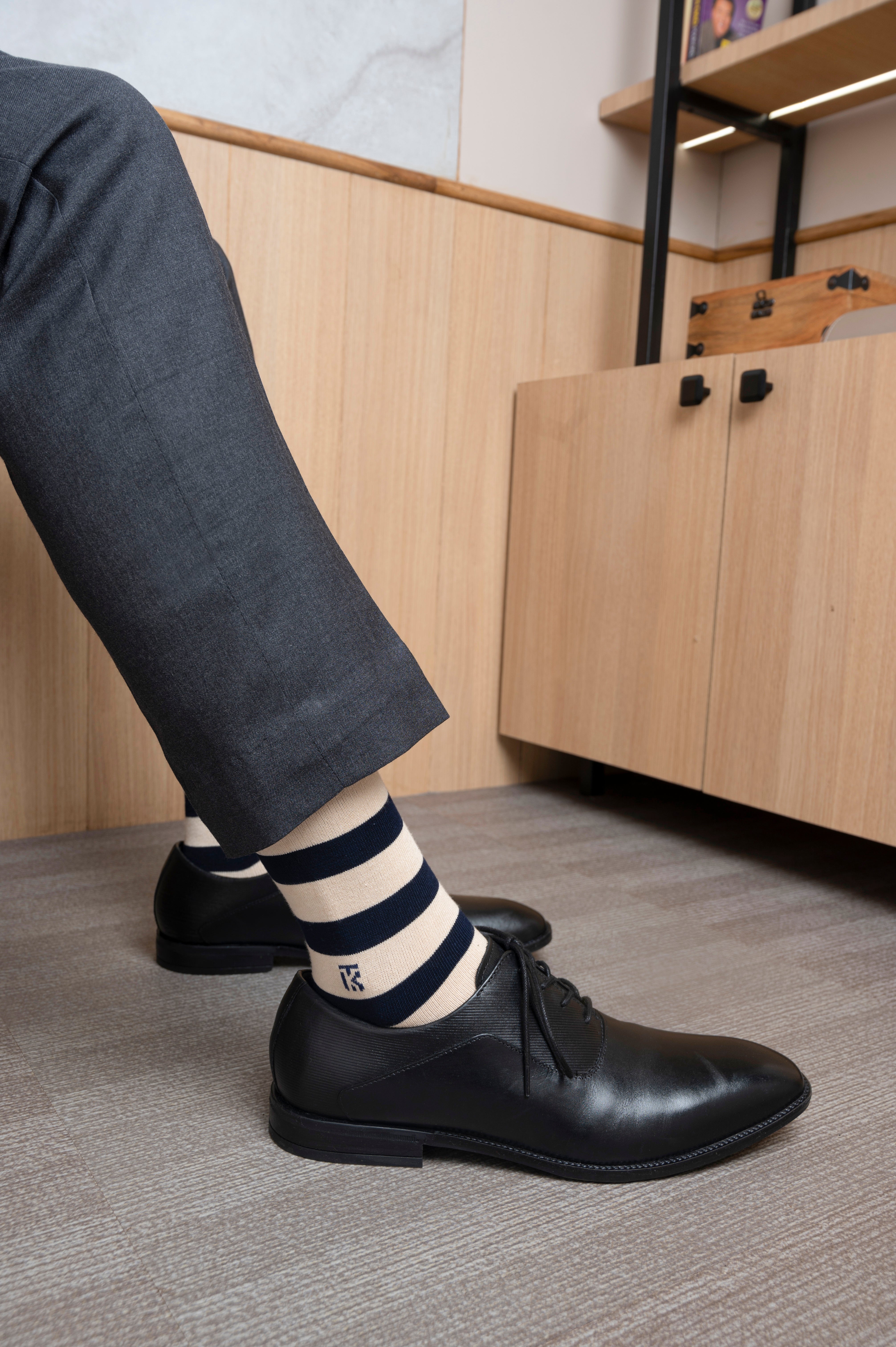 Bamboo Socks Pair | Kikitoes Crew Length Socks | Beige Colour with Navy Blue Stripes Socks for Men | KIKI0019