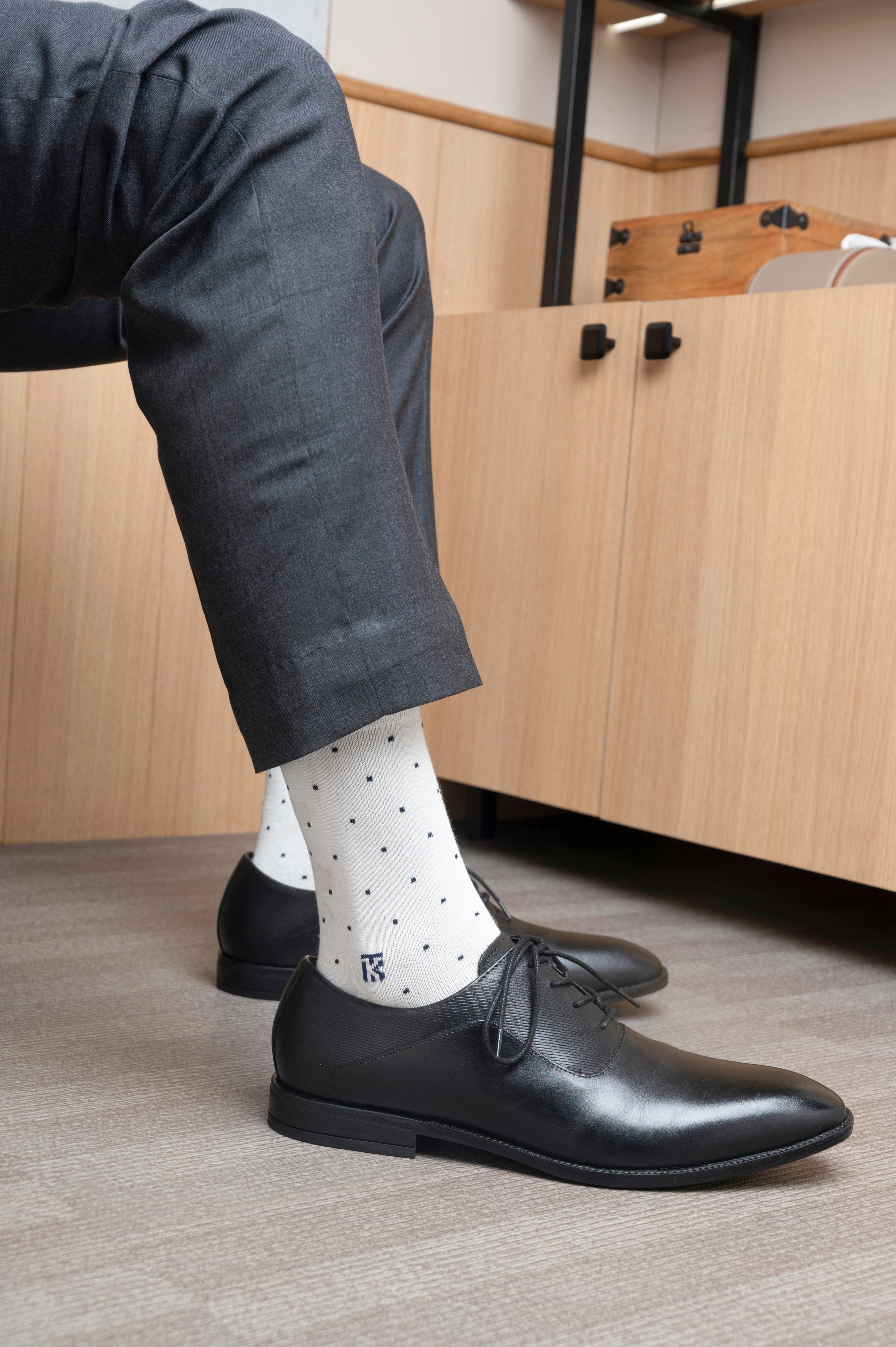 Bamboo Socks Pair| Kikitoes Crew Length Socks | White Colour with Navy Blue Dots Socks for Men | KIKI0029